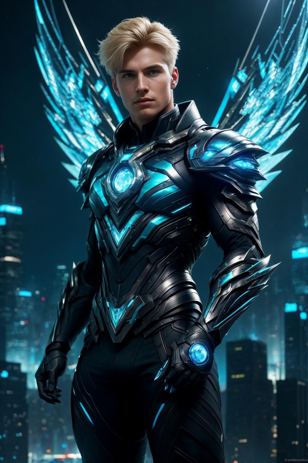 <lora:hadesarmor_v4:1>In a futuristic city landscape, depict a blond young man in a dynamic action posture. He wears a __color__ hadesarmor. A hadesblackarmor that reflects the light like a mirror with a pair of symmetrical metal wings that gleams with iridescence. Amidst a cityscape of towering skyscrapers, holographic advertisements, and agile flying vehicles, the boy holds a pulsating crystal, symbolizing hope and courage. Capture the essence of this young hero's heroic stance in a future world teeming with technological marvels and challenges. Render the scene in real time 8k resolution with volumetric lighting and volumetric shadows to represent with the best quality this masterpiece.