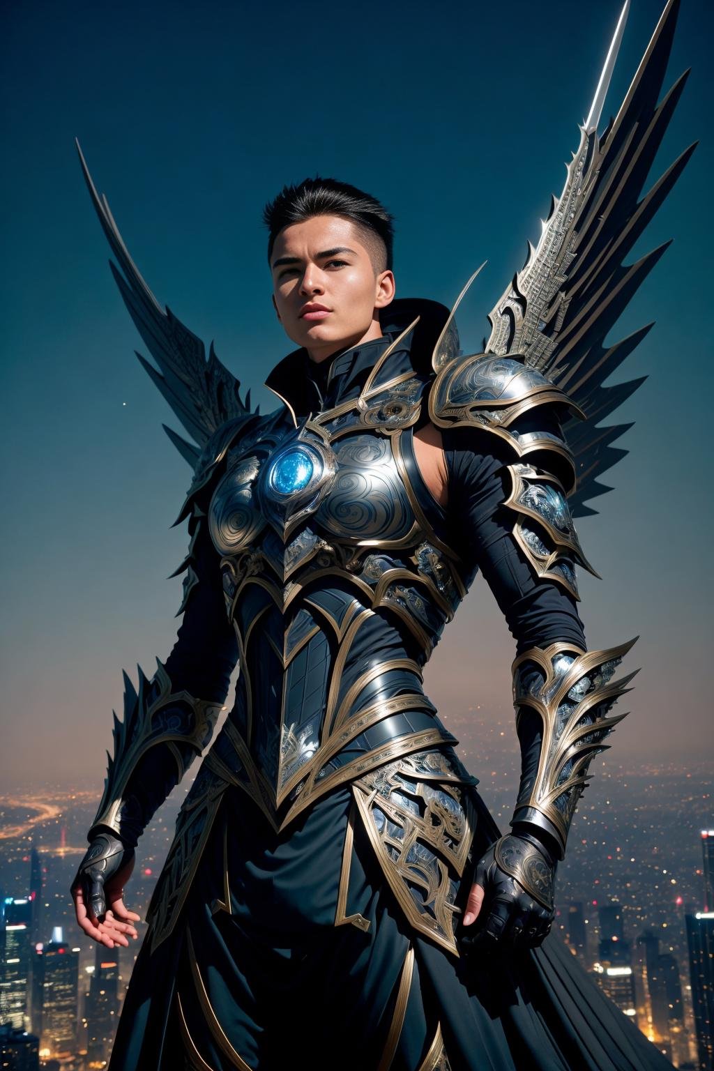 <lora:hadesarmor_v4:1> hadesbreastplateawe-inspiring masterpiece of unparalleled quality, showcasing a young man clad in hadesarmor with magnificent metal bat wings, soaring gracefully above a mesmerizing cityscape. Dedicate meticulous attention to detail, infusing every aspect of the scene with breathtaking beauty and realism. Captivate the essence of a stunning and highly detailed futuristic world as this remarkable young man takes flight, creating an image that leaves a profound and lasting impression