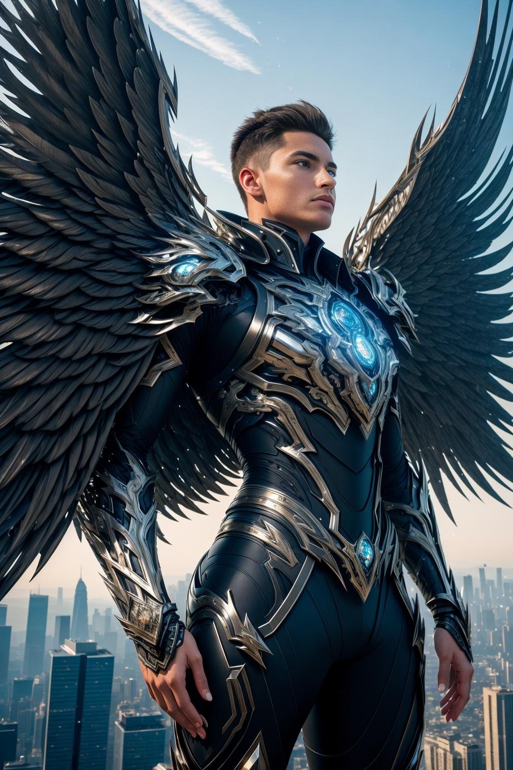 <lora:hadesarmor_v4:1> hadesmanarmorawe-inspiring masterpiece of unparalleled quality, showcasing a young man clad in hadesarmor with magnificent metal wings, soaring gracefully above a mesmerizing cityscape. Dedicate meticulous attention to detail, infusing every aspect of the scene with breathtaking beauty and realism. Captivate the essence of a stunning and highly detailed futuristic world as this remarkable young man takes flight, creating an image that leaves a profound and lasting impression