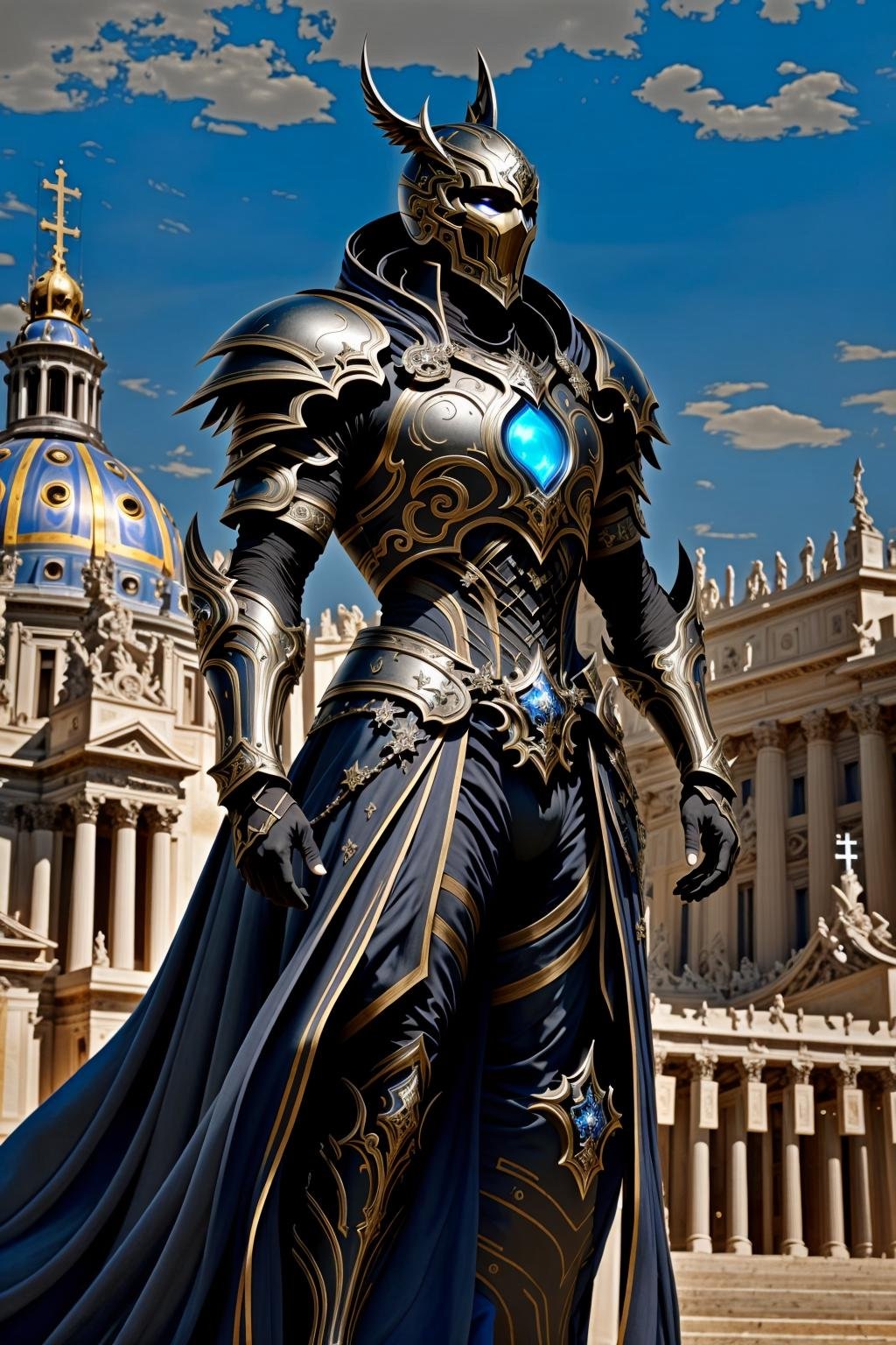 <lora:hadesarmor_v5:1> hadesarmormasterpiece, highly detailed photorealistic 8k raw photo, best quality, surround volumetric lighting and shadowsa man in hadesblackarmorvatican city background