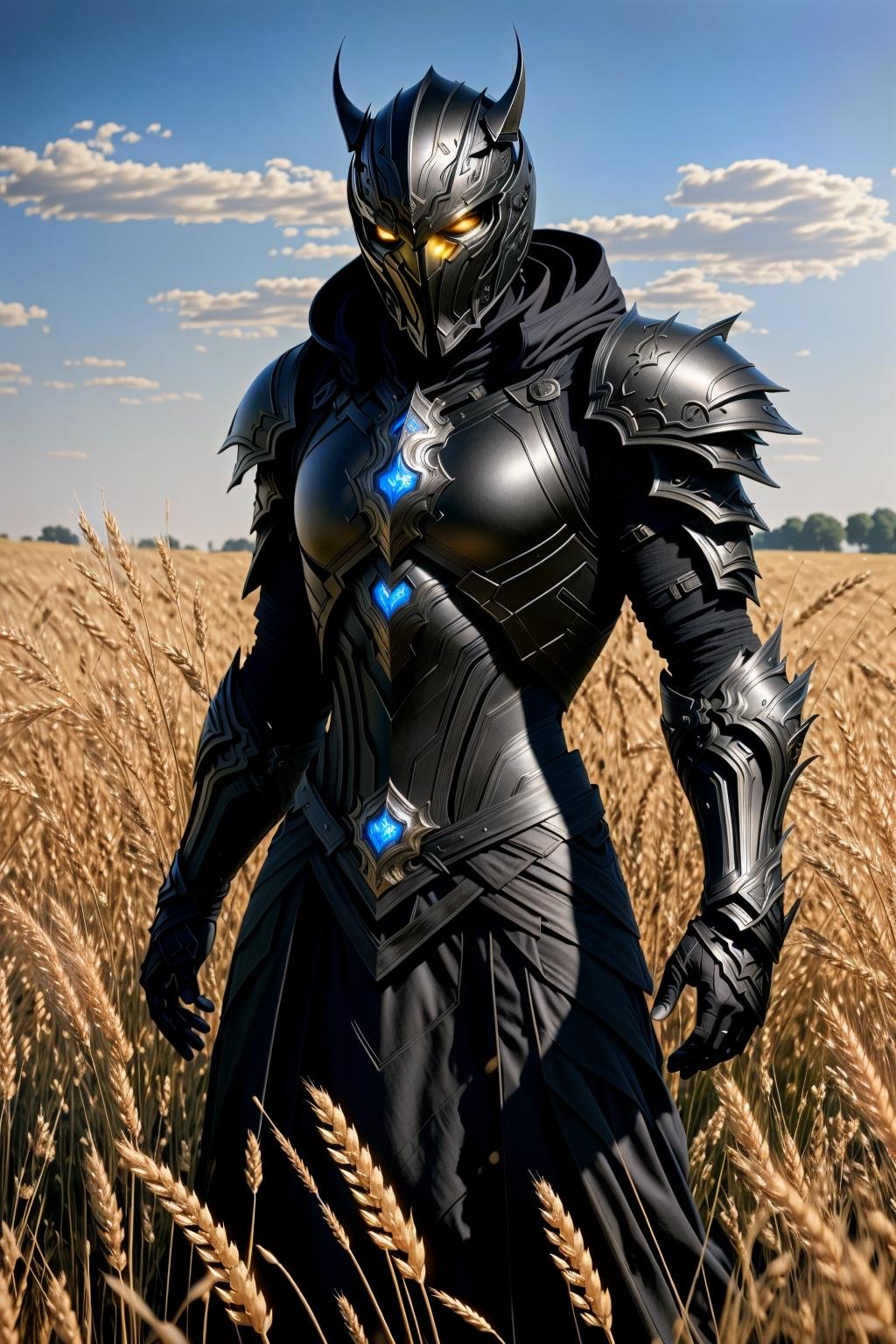 <lora:hadesarmor_v5:1> hadesarmormasterpiece, highly detailed photorealistic 8k raw photo, best quality, surround volumetric lighting and shadowsa man in hadesblackarmor, hadesfantasyfield of wheat background