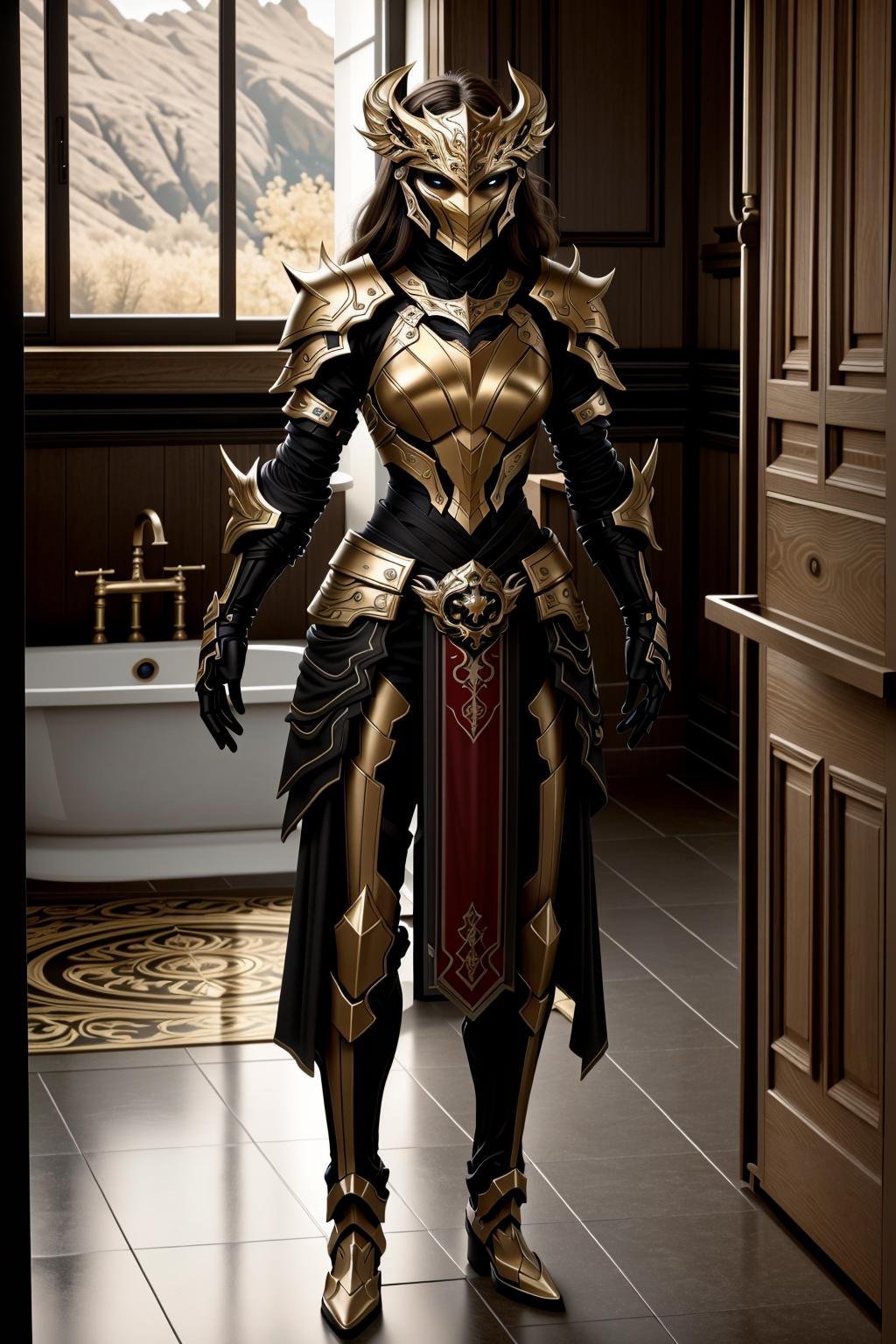 <lora:Loha_Hadesarmorv6:0.7>masterpiece, highly detailed photorealistic 8k raw pohoto, best cinematic quality, volumetric shadows, volumetric lighting, perfect 10k render in arnolda girl in Vermillion Beam shield hdsmr, muscular, standing in a bathroom background, full body view, helmet <lora:devildoniastyle_v1:0.3>