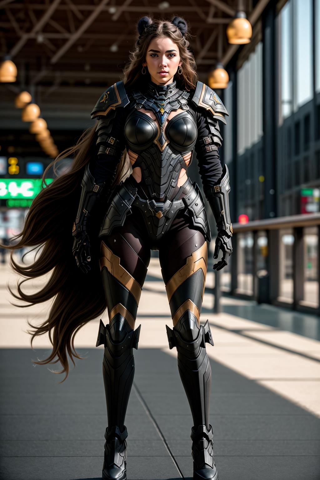 <lora:Loha_Hadesarmorv6:0.7>masterpiece, highly detailed photorealistic 8k raw pohoto, best cinematic quality, volumetric shadows, volumetric lighting, perfect 10k render in arnolda girl in Dark Brown Power armor hdsmr, muscular, on stomach in a airport background, full body view, helmet