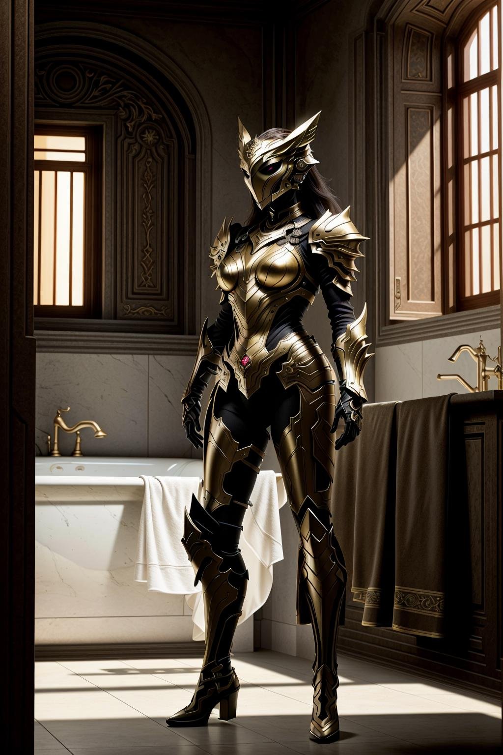 <lora:Loha_Hadesarmorv6:0.7>masterpiece, highly detailed photorealistic 8k raw pohoto, best cinematic quality, volumetric shadows, volumetric lighting, perfect 10k render in arnolda girl in Vermillion Beam shield hdsmr, muscular, standing in a bathroom background, full body view, helmet <lora:devildoniastyle_v1:0.2>