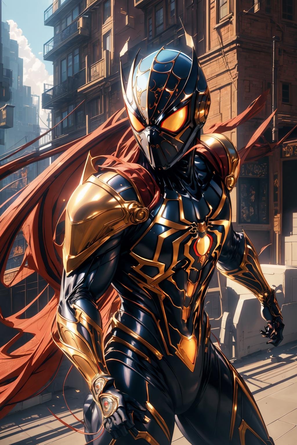 <lora:armored_spiderverse_v1:1> masterpiece, best quality, intricate details, highly detailed raw photography, anime style, __artist-anime__, volumetric lighting, volumetric shadows, cinematic light, 8k-perfect-arnoldarmspiderverse, __color__ armored bodysuit, glowing eyes, helmet, spider web print, ((fighting stance))((__subject-scifi__ background__))