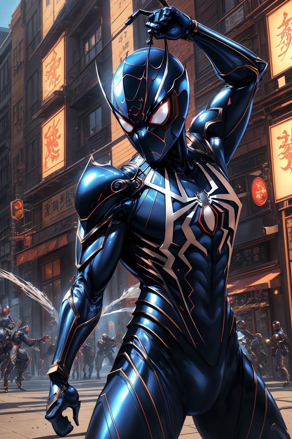 <lora:armored_spiderverse_v1:1> masterpiece, best quality, intricate details, highly detailed raw photography, anime style, Masaaki Sasamoto, volumetric lighting, volumetric shadows, cinematic light, 8k-perfect-arnoldarmspiderverse, US Navy Blue armored bodysuit, glowing eyes, helmet, spider web print, ((fighting stance))((sci-fi scene with people in the background))