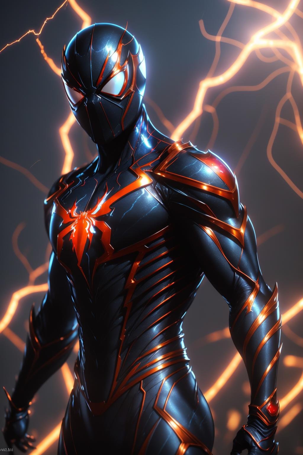 <lora:armored_spiderverse_v1:1>masterpiece, best quality, intricate details, highly detailed raw photography, photorealistic, realistic art made by Posuka Demizu, volumetric lighting, volumetric shadows, cinematic light, 8k-perfect-arnoldarmspiderverse, blue bodysuit, glowing eyes, helmet, spider web print, tokusatsu((a magic portal to the underworld, lightning bolts, with fire in the background)) 