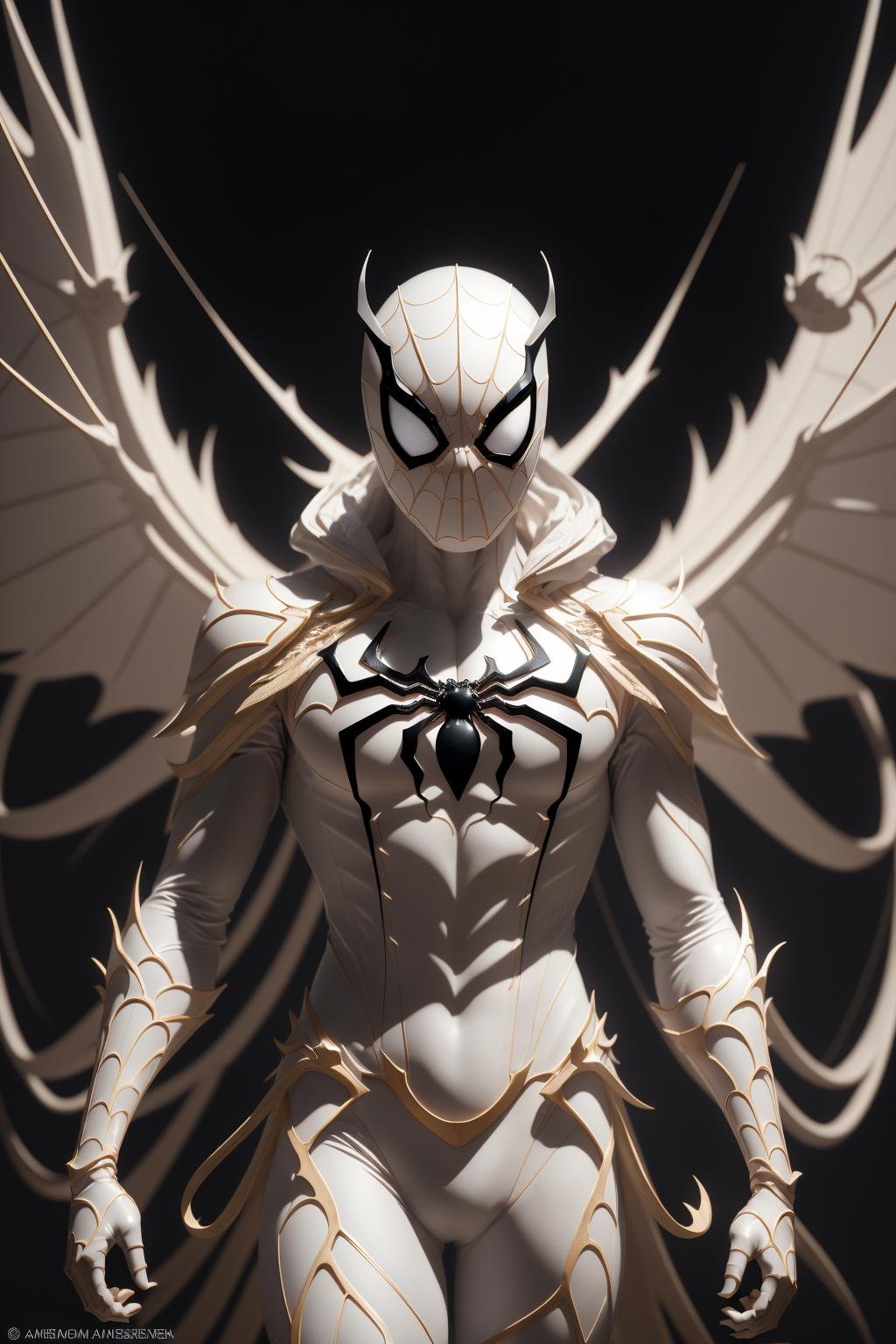 <lora:armored_spiderverse_v1:1>masterpiece, best quality, intricate details, highly detailed raw photography, anime style, John Kenn Mortensen, volumetric lighting, volumetric shadows, cinematic light, 8k-perfect-arnoldarmspiderverse, white bodysuit, glowing eyes, helmet, spider web print, black wings, claws((a prophecy of a chosen one to defeat an ancient evil, with 1girl in the background)) 