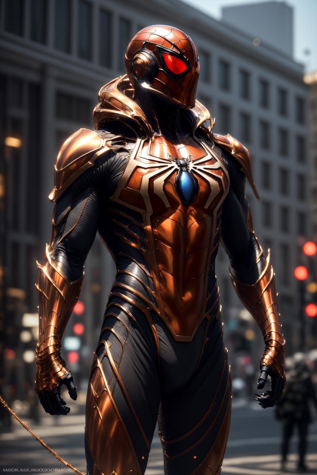 <lora:armored_spiderverse_v1:0.8> masterpiece, best quality, intricate details, highly detailed raw photography, photorealism, photorealistic, soft focus, volumetric lighting, volumetric shadows, cinematic light, large-scale, 8k-perfect-arnold1boy, armspiderverse,  ((__color__ armored bodysuit)), glowing eyes, helmet, looking at viewer, male focus, spider web print, (__HaDeS/person/poses__) <lora:more_details:0.6>((__subject-scifi__ background__)) <lora:epi_noiseoffset2:0.7>  