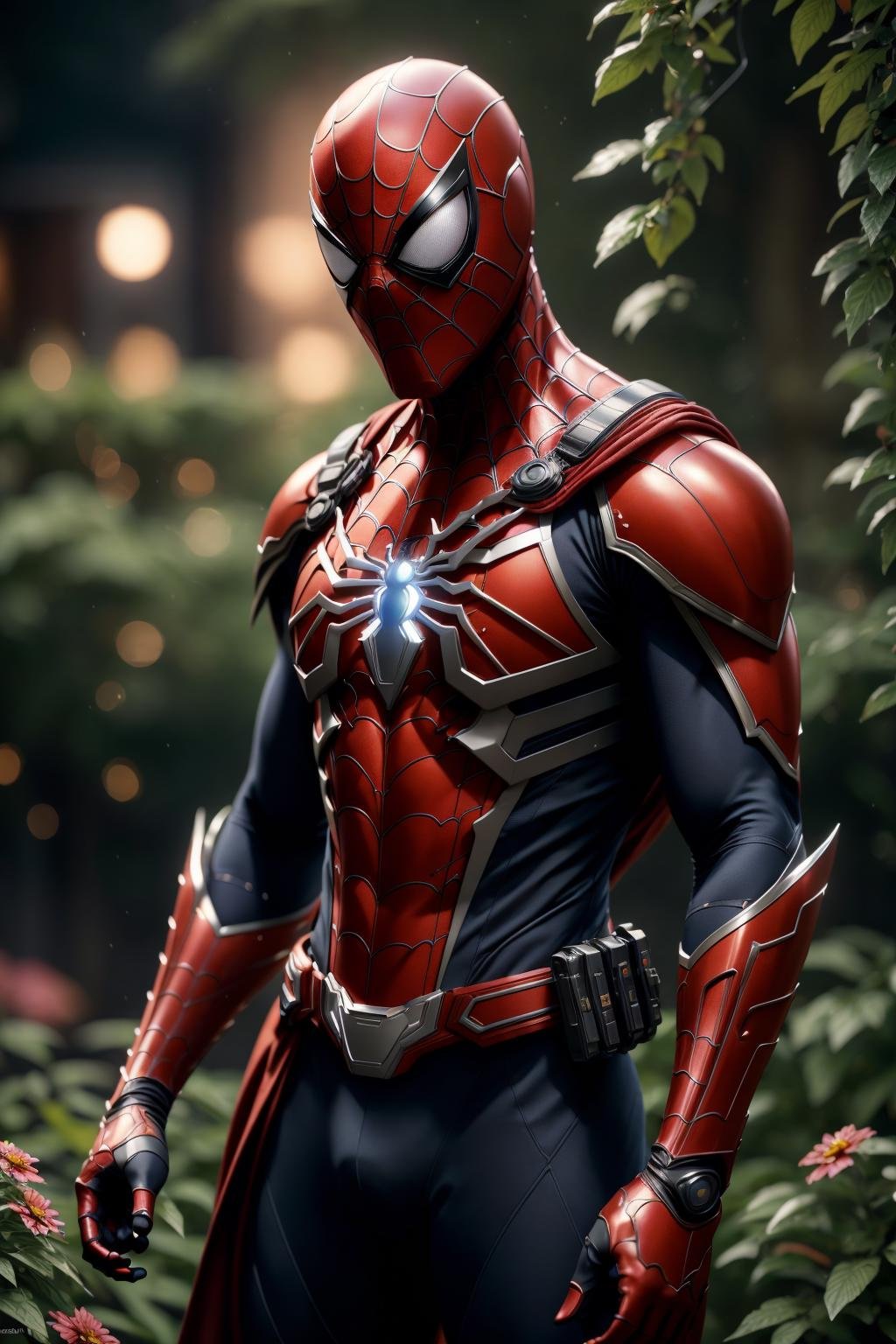 <lora:armspiderverse_v2:0.7> armspiderversemasterpiece, best quality, intricate details, highly detailed raw photography, photorealism, photorealistic, soft focus, Real-Time Ray Tracing, cinematic lighting, large-scale, 8k-perfect-octane1boy, armspiderverse, belt, bodysuit, cape, clenched hands, fire, male focus, mask, pouch, solo, superhero, upper body, white spidersuit, One hand pointing, signaling direction, glowing eyes, perfect sharp eyes, sharp focus, side viewgarden with flowers background