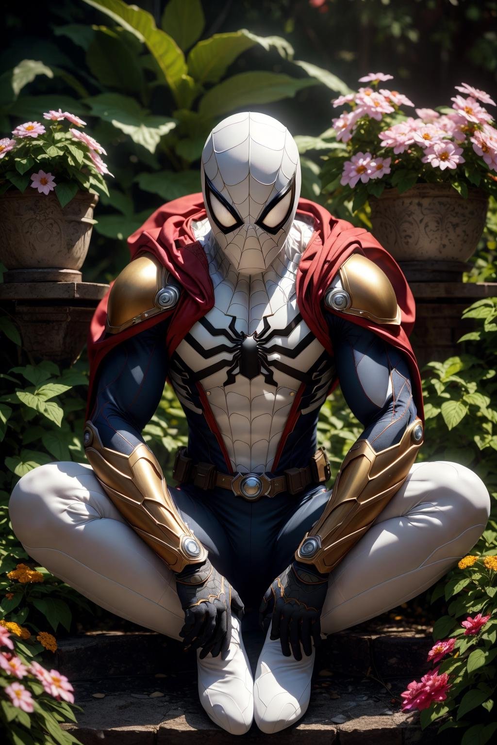 <lora:armspiderverse_v2:0.7> armspiderversemasterpiece, best quality, intricate details, highly detailed raw photography, photorealism, photorealistic, soft focus, Real-Time Ray Tracing, cinematic lighting, large-scale, 8k-perfect-octane1boy, armspiderverse, belt, bodysuit, cape, clenched hands, fire, male focus, mask, pouch, solo, superhero, upper body, white spidersuit, (Sitting crossed-legged, relaxed), glowing eyes, perfect sharp eyes, sharp focus, side viewgarden with flowers background