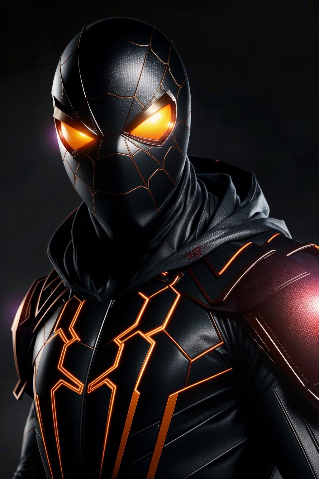 <lora:armspiderverse_v3:1> armspiderversemasterpiece, highly detailed 8k raw photo, best quality, volumetric lighting and shadows, render in arnolda man in electric spidersuit, (Hands on chin, deep in contemplation:1.2), hood, glowing eyesship background    