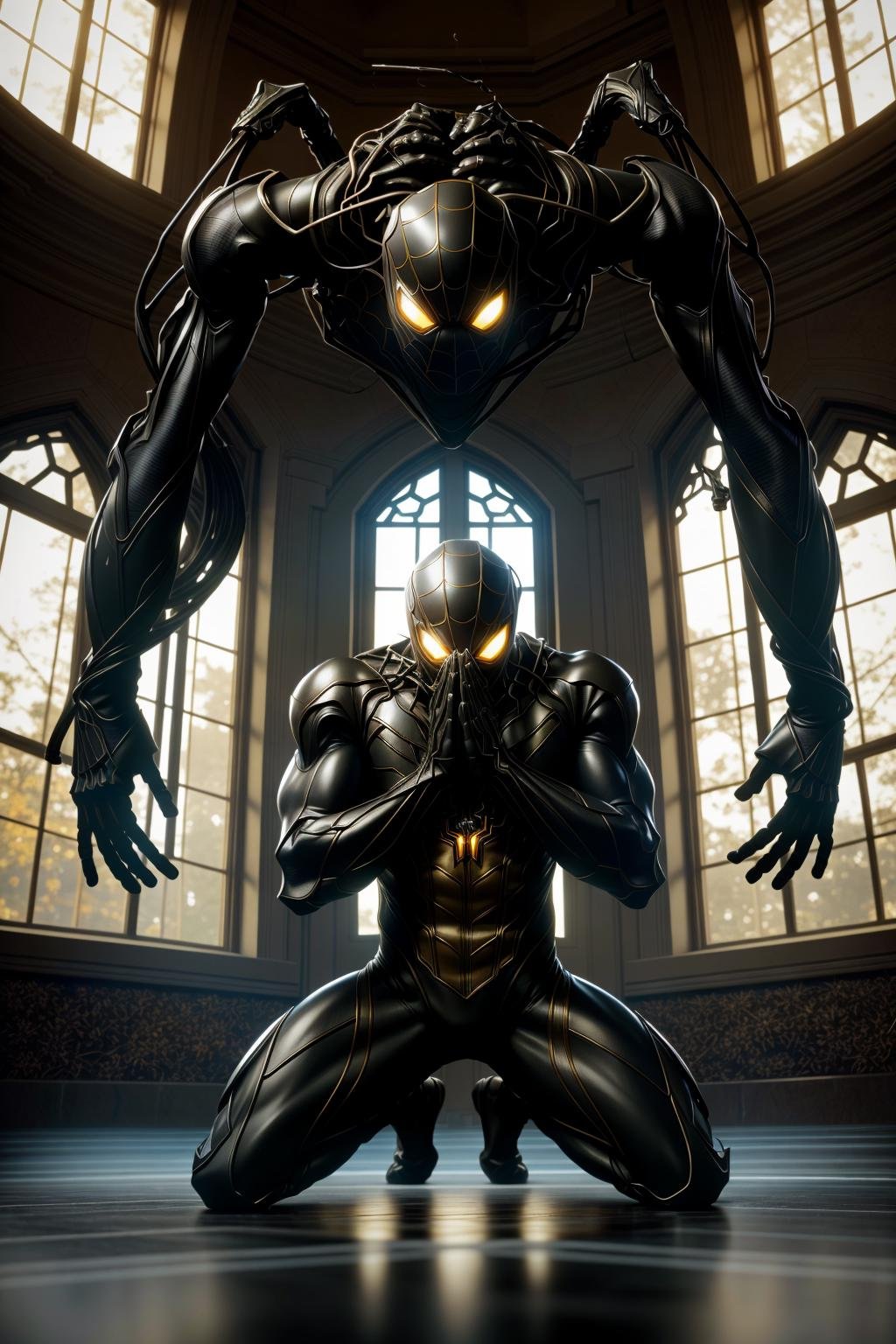 <lora:armspiderverse_v3:1> armspiderversemasterpiece, highly detailed 8k raw photo, best quality, volumetric lighting and shadows, render in arnolda man in symbiont spidersuit, (Kneeling with head bowed, displaying humility or prayer:1.2)classroom background    