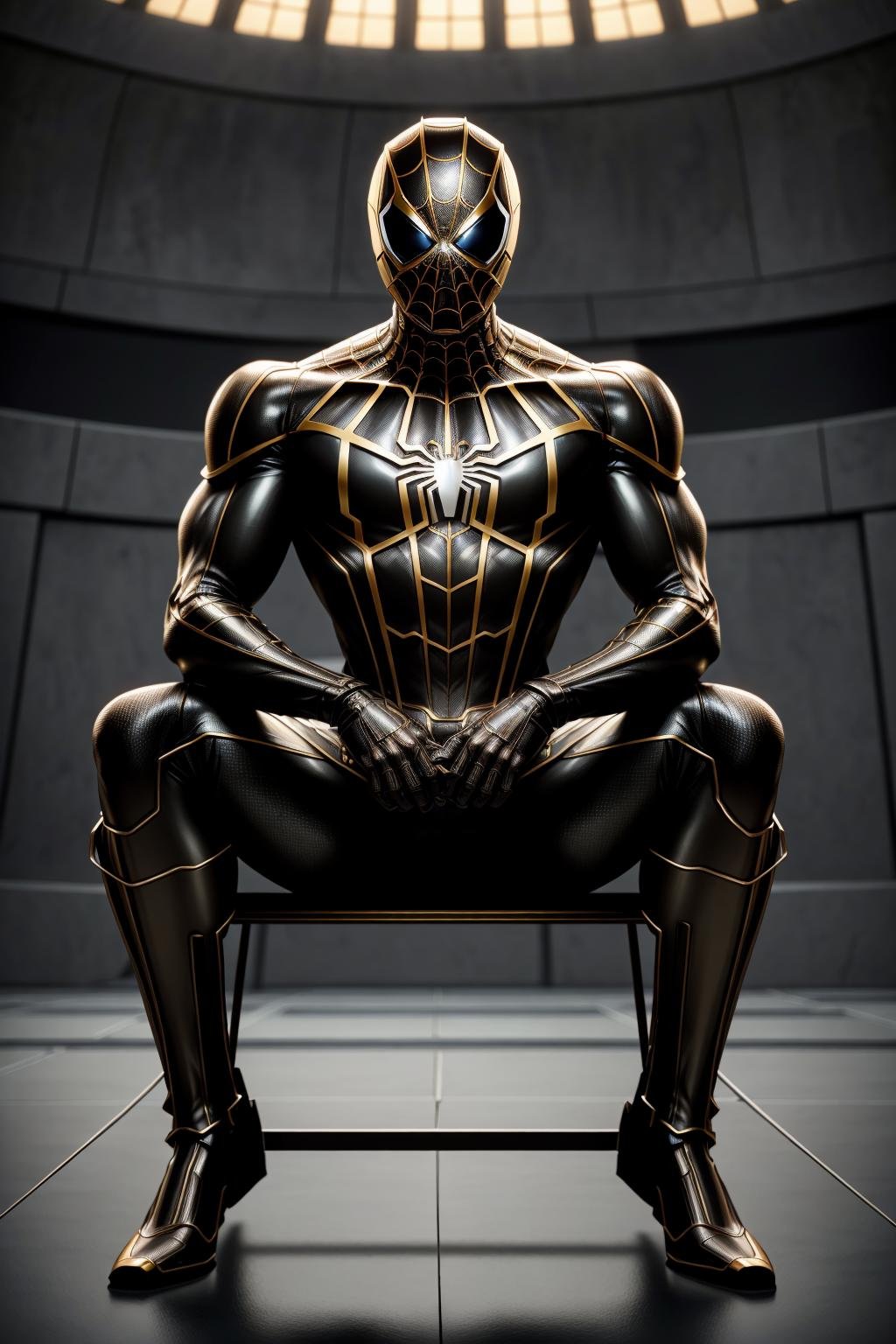 <lora:armspiderverse_v3:1> armspiderversemasterpiece, highly detailed 8k raw photo, best quality, volumetric lighting and shadows, render in arnolda man in metal spidersuit, (Sitting with legs crossed and hands on lap, appearing composed and attentive:1.2)jewish temple background    