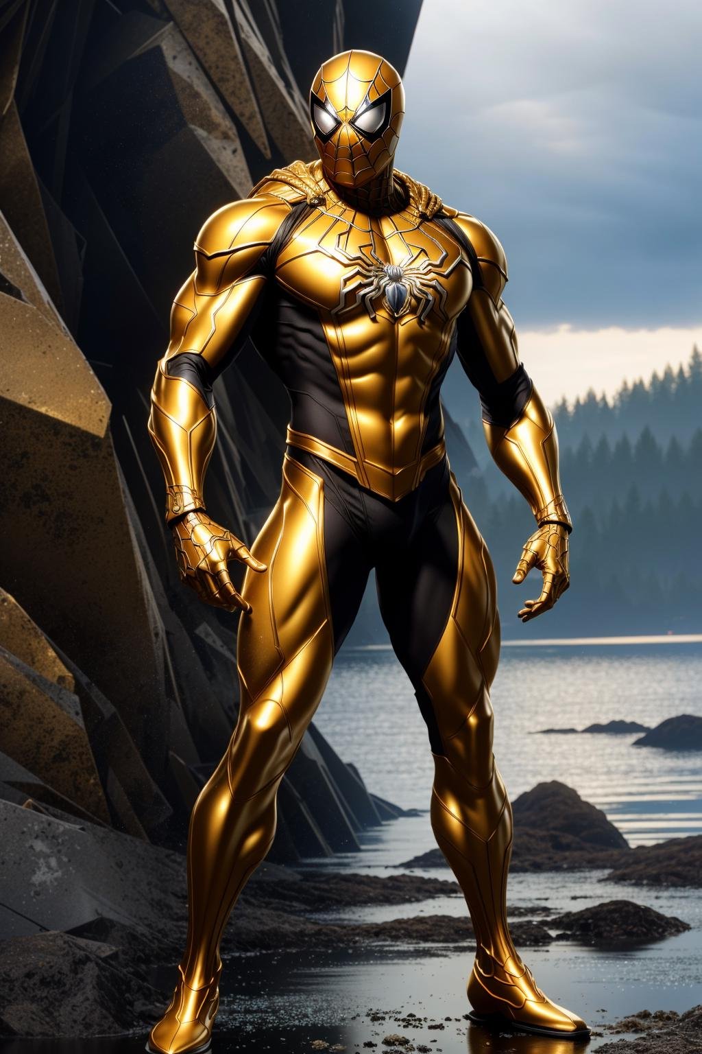 <lora:armspiderverse_v3:1> armspiderversemasterpiece, highly detailed 8k raw photo, best quality, volumetric lighting and shadows, render in arnolda man in gold spidersuit, (Hands on hips, showing readiness or impatience:1.2)frozen lakeside background    