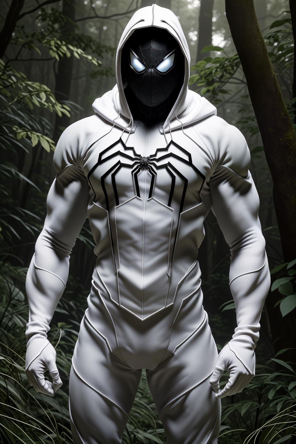 <lora:armspiderverse_v3:1> armspiderversemasterpiece, highly detailed 8k raw photo, best quality, volumetric lighting and shadows, render in arnolda man in white spidersuit, (Hands on hips, displaying impatience:1.2), hood, capeforest background    