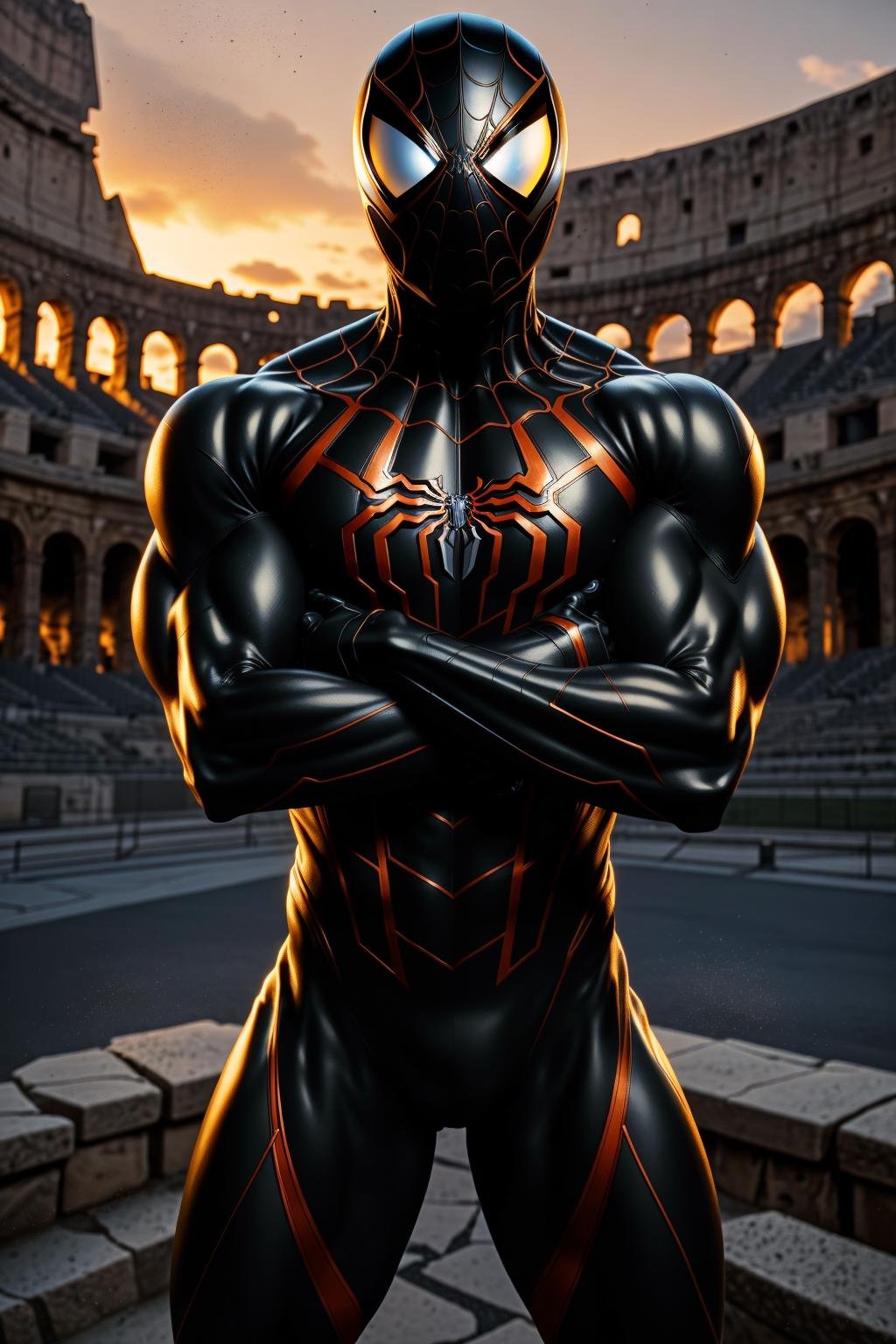 <lora:armspiderverse_v3:1> armspiderversemasterpiece, highly detailed 8k raw photo, best quality, volumetric lighting and shadows, render in arnolda man in venom spidersuit, (Hands clasped in front, showing attentiveness:1.2)colosseum background    