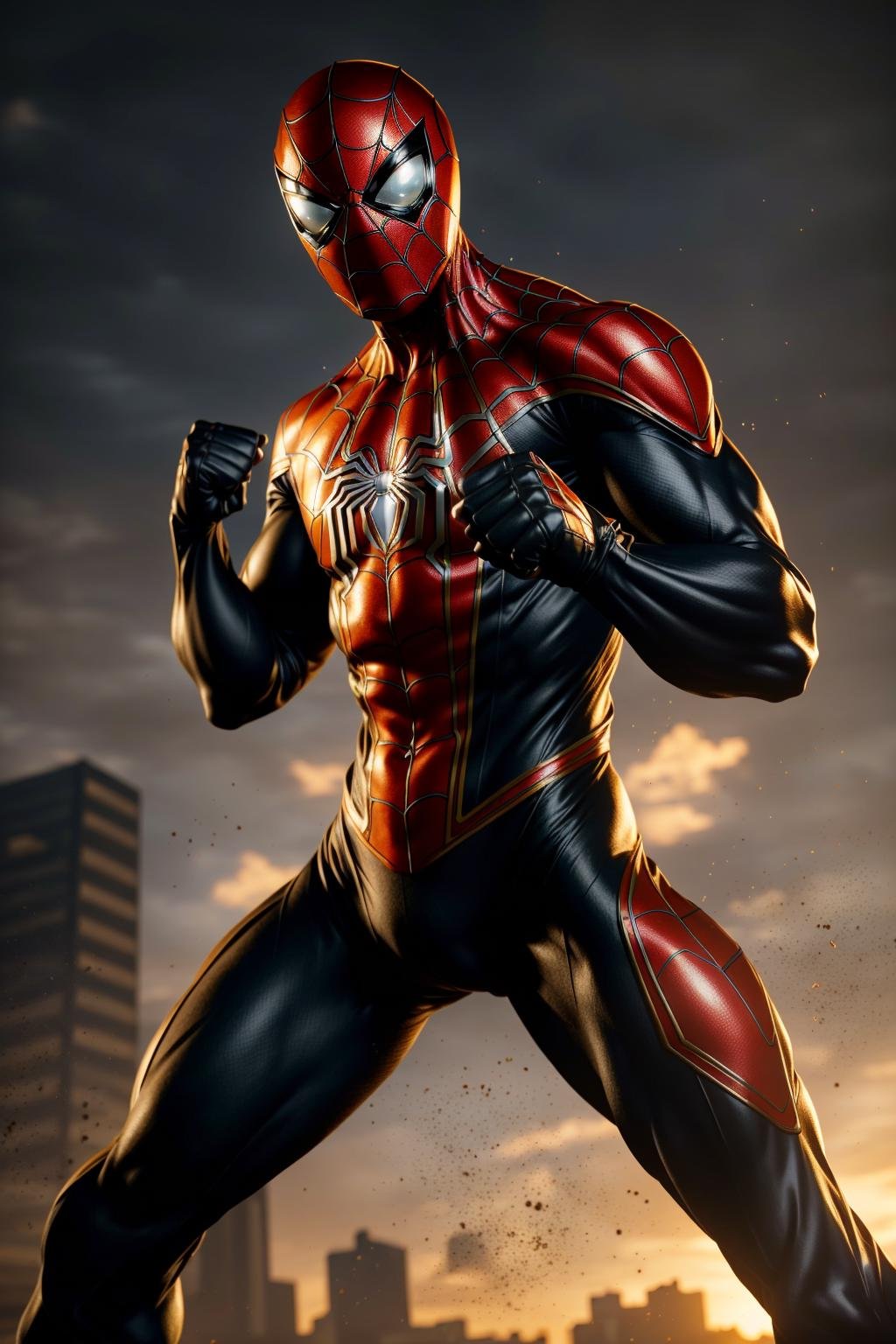 <lora:armspiderverse_v3:1> armspiderversemasterpiece, highly detailed 8k raw photo, best quality, volumetric lighting and shadows, render in arnolda man in classic spidersuit, (Hands clenching into fists, indicating anger or frustration:1.2)airport background    