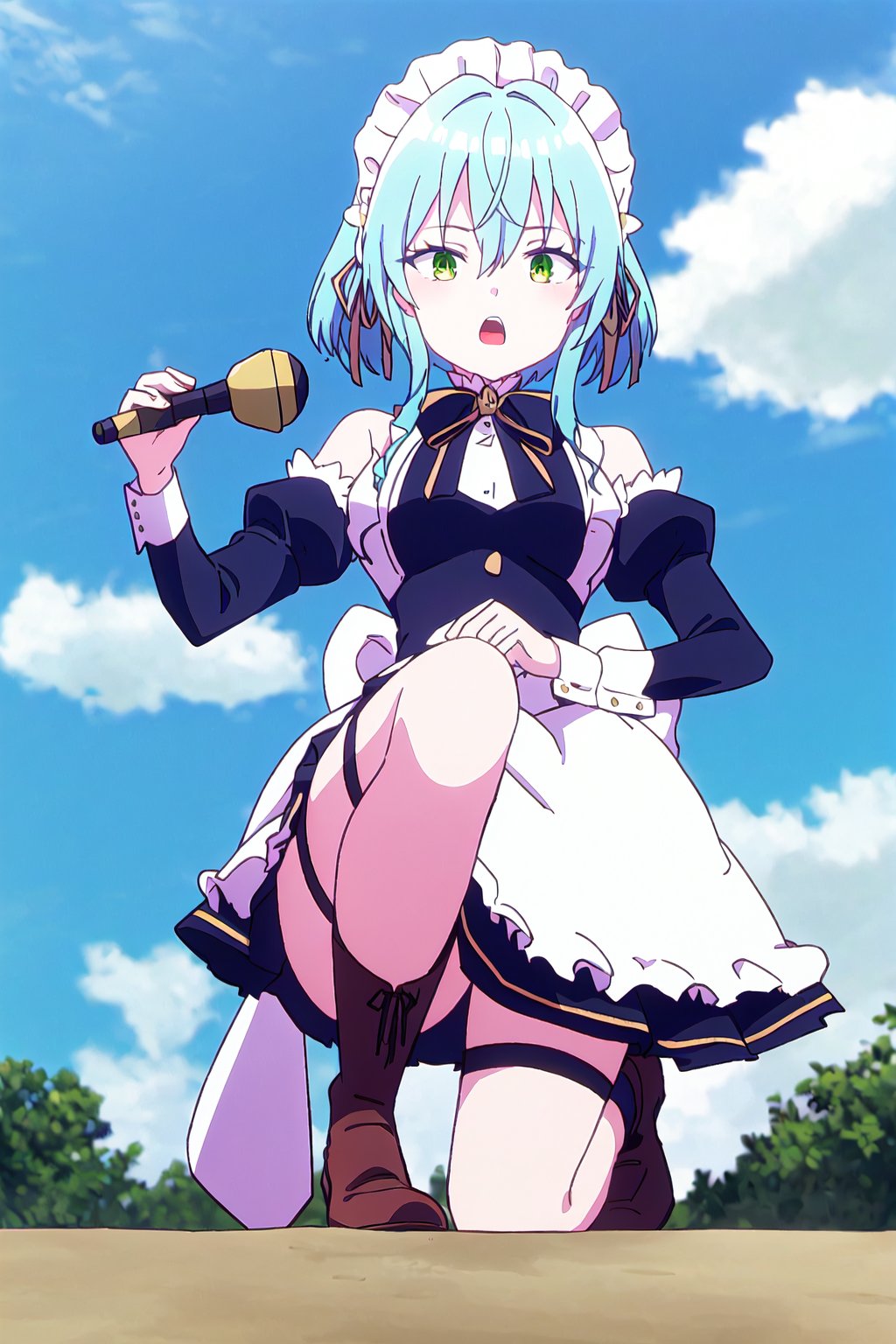 will,solo, blue hair, open mouth, apron, boots, white apron, skirt, sky, detached sleeves, 1girl, brown footwear, black sleeves, long sleeves, hair between eyes, holding, maid headdress, green eyes, one knee, day, black skirt, 1other, ribbon, maid, cloud, blue sky, shiny hair, shirt, thigh strap, outdoors, frills, bangs, black ribbon, shiny, long hair, miniskirt, waist apron, looking at viewer, standing, bow, from below, hand on own knee, neck ribbon

high quality,best quality,ultra detailed,masterpiece,

