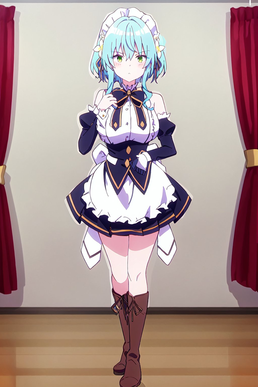 will,1girl, solo, boots, standing, brown footwear, full body, frills, hand up, detached sleeves, green eyes, looking at viewer, apron, maid headdress, long sleeves, bangs, bow, closed mouth, hair between eyes, bowtie, maid, white background, white apron, breasts, bare shoulders, dress, ribbon, hand on own chest, frilled apron, sleeveless, blue hair, knee boots, aqua hair, center frills, juliet sleeves, puffy sleeves, back bow, simple background, white shirt, waist apron, shirt, black bowtie, black bow, hair flower, flower, buttons, sidelocks, black ribbon, v-shaped eyebrows, short hair, white bow, blush, white flower, hair ornament, black dress, shadow, hair ribbon, arm at side, large breasts, frilled dress, short dress, underbust, yellow ribbon, lace-up boots, skirt, official alternate costume, watson cross, black skirt, yellow bow, enmaided, neck ribbon

high quality,best quality,ultra detailed,masterpiece,

