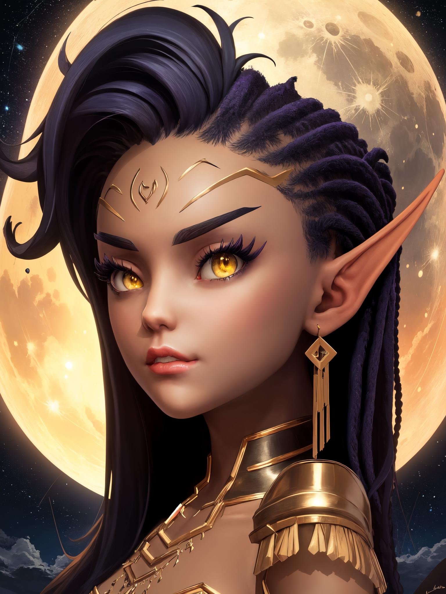 (masterpiece, best quality), spacecraft, flying, starry sky, moon, portrait, head focus, 1girl, solo, elaishasub, eshaleotard, elf, yellow eyes, mature <lora:ElaishaSubverse_V1-Manityro:1.0>, looking at viewer, pout, smug, (jewelry, earrings), facial mark, toned