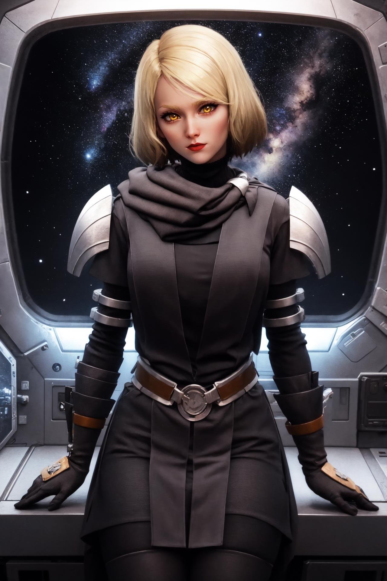 (masterpiece, best quality), space, starry sky, spacecraft interior, cowboy shot, 1girl, solo, LanaBeniko, yellow eyes, lipstick, <lora:LanaBeniko_V1-Manityro-kofte:1.0>, toned, LanaBenikoKofte, scarf, head tilt, looking at viewer, 