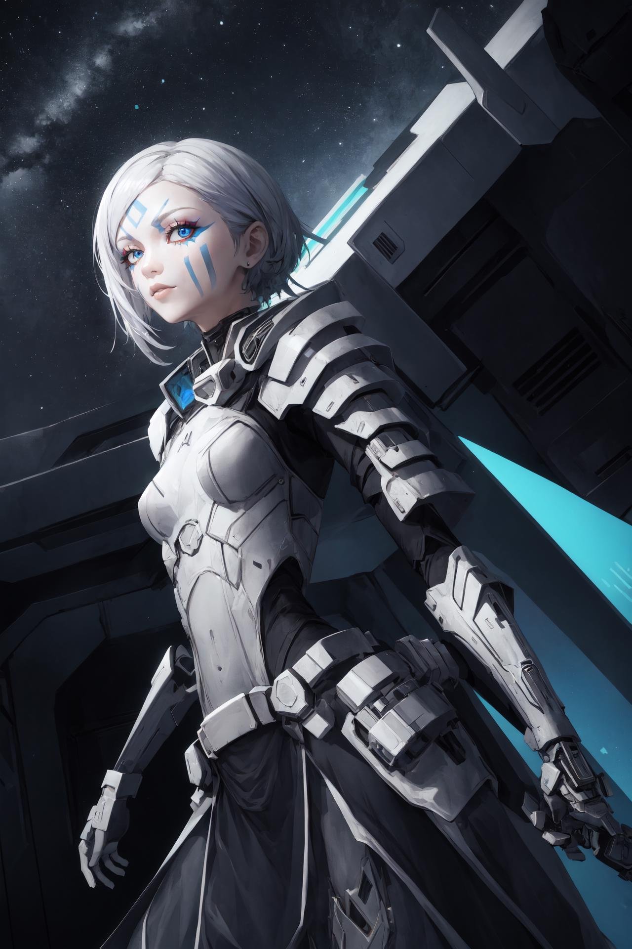 (masterpiece, best quality), outdoors, ruins, future city, cyberpunk, space, starry sky, spacecraft, cowboy shot, dutch angle, from side, 1girl, solo, NadiaGrell, (makeup, facepaint), blue eyes, medium breasts, white hair, <lora:NadiaGrell_V1-Manityro-Dadapt:1.0>, toned, looking at viewer, robe, bodysuit, skirt, (pauldrons, shoulder armor, shoulder pads), fighting stance, <lyco:UnlimitedBladeWorks1.6:1.0>