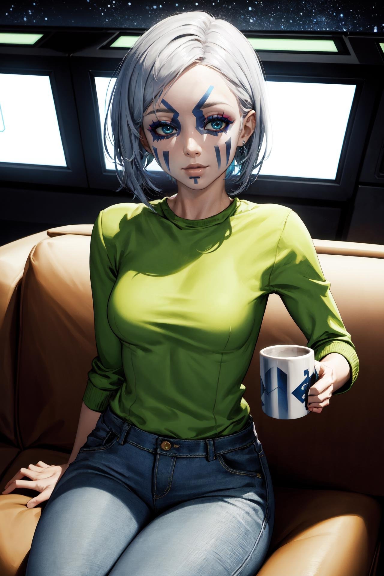 (masterpiece, best quality), indoors, sitting, couch, holding mug, space, starry sky, spacecraft, cowboy shot, 1girl, solo, NadiaGrell, (makeup, facepaint), blue eyes, medium breasts, medium hair, <lora:NadiaGrell_V1-Manityro-Dadapt:1.0>, toned, looking at viewer, green sweater, jeans