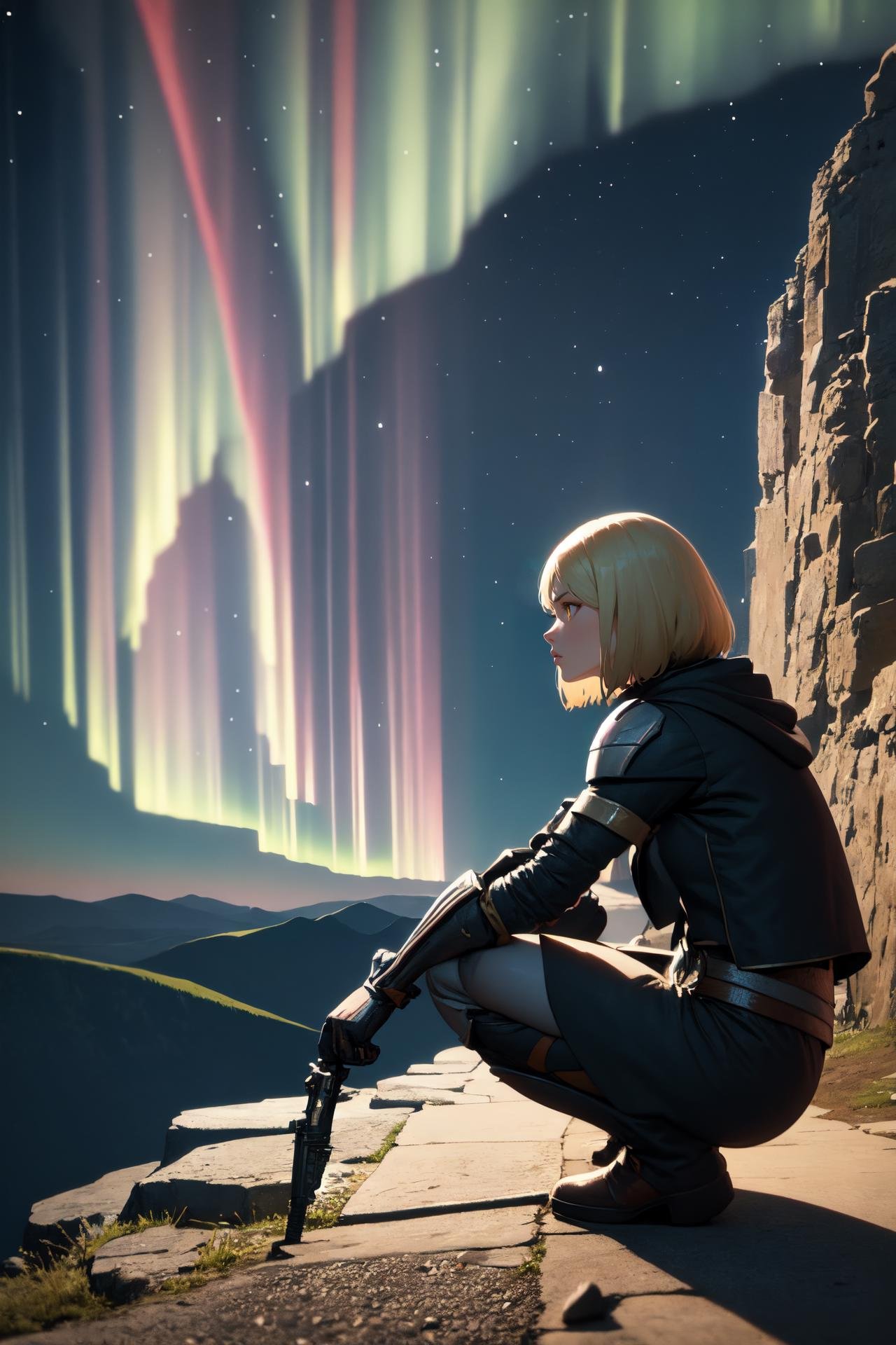 (masterpiece, best quality), outdoors, mountains, aurora, cliffside, crouched, from side, full body, looking down, 1girl, solo, LanaBeniko, yellow eyes, <lora:LanaBeniko_V2-Manityro-kofte:1.0>, toned, LanaBenikoKofte,