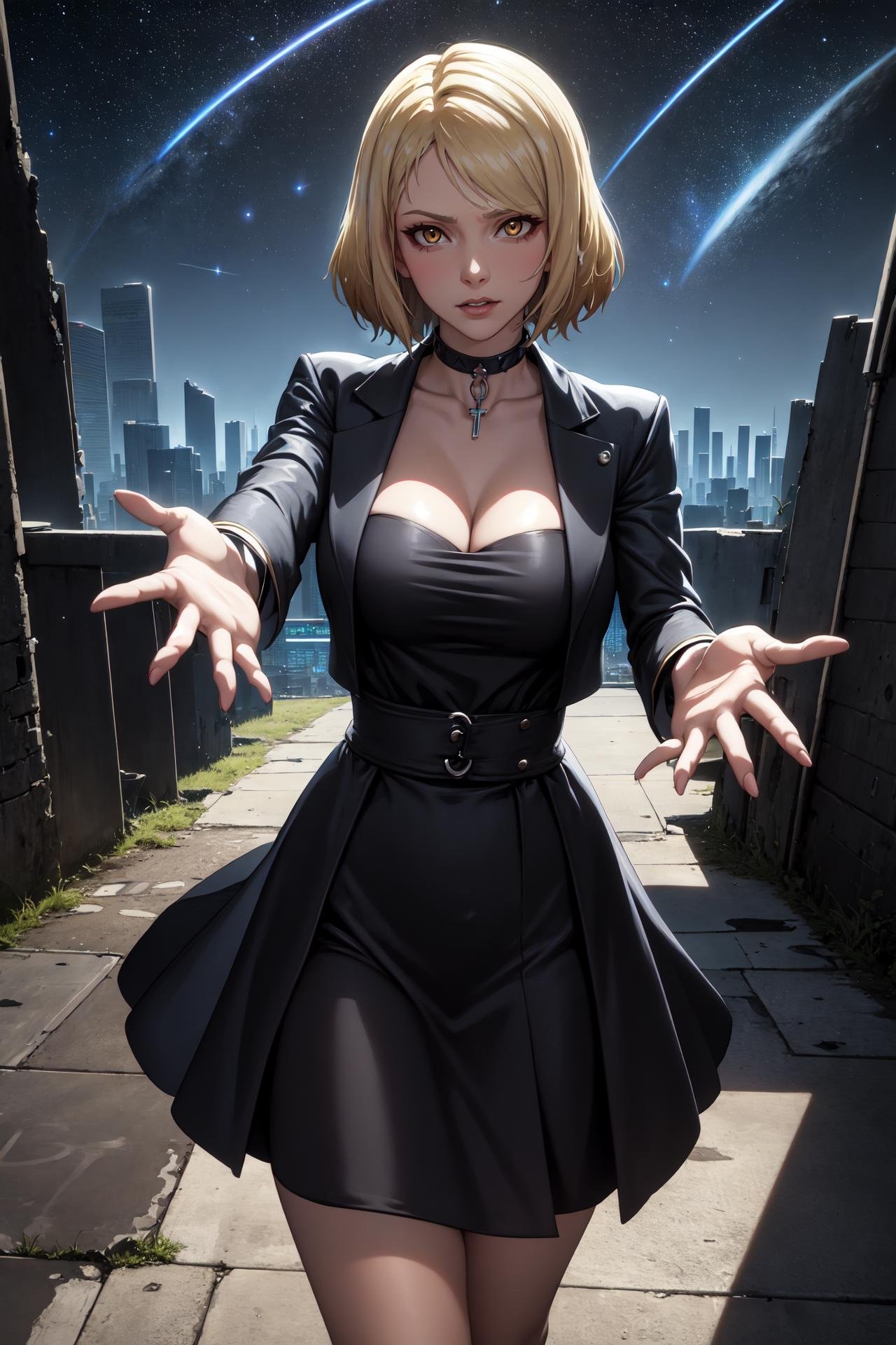 (masterpiece, best quality), anime, outdoors, ruins, future city, cyberpunk, space, starry sky, cowboy shot, 1girl, solo, LanaBeniko, black gothic dress \(idolmaster\), long skirt, collarbone, cleavage, <lora:LanaBeniko_V2-Manityro-kofte:1.0>, toned, reaching out,