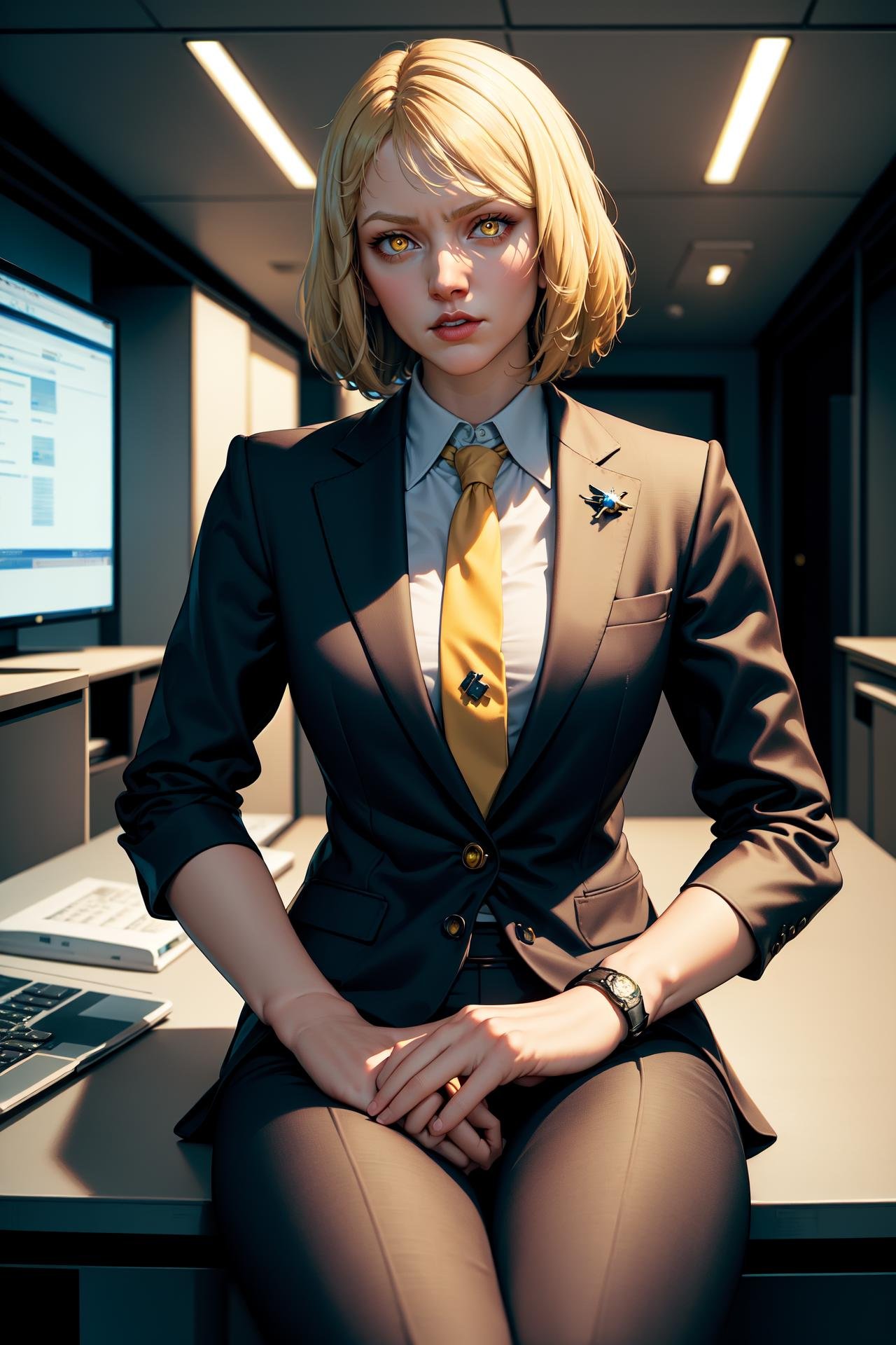(masterpiece, best quality), indoors, space, spacecraft interior, office, cowboy shot, 1girl, solo, LanaBeniko, yellow eyes, <lora:LanaBeniko_V2-Manityro-kofte:1.0>, toned, necktie, business suit, business pants, sitting, on desk, taut clothes,