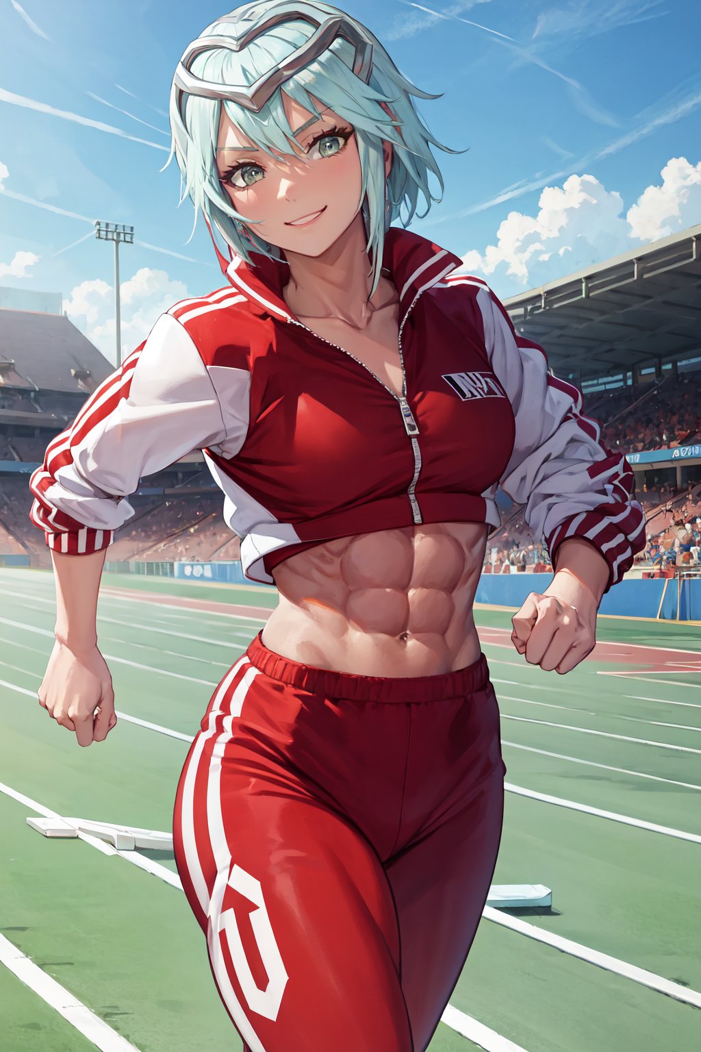 (masterpiece, best quality), outdoors, track and field, cowboy shot, 1girl, solo, FEDagr, <lora:FireEmblemDagr_V1-Manityro:1>, seductive smile, looking at viewer, abs, muscular, biceps, headgear, tiara, necklace, collarbone, track jacket, track pants, running