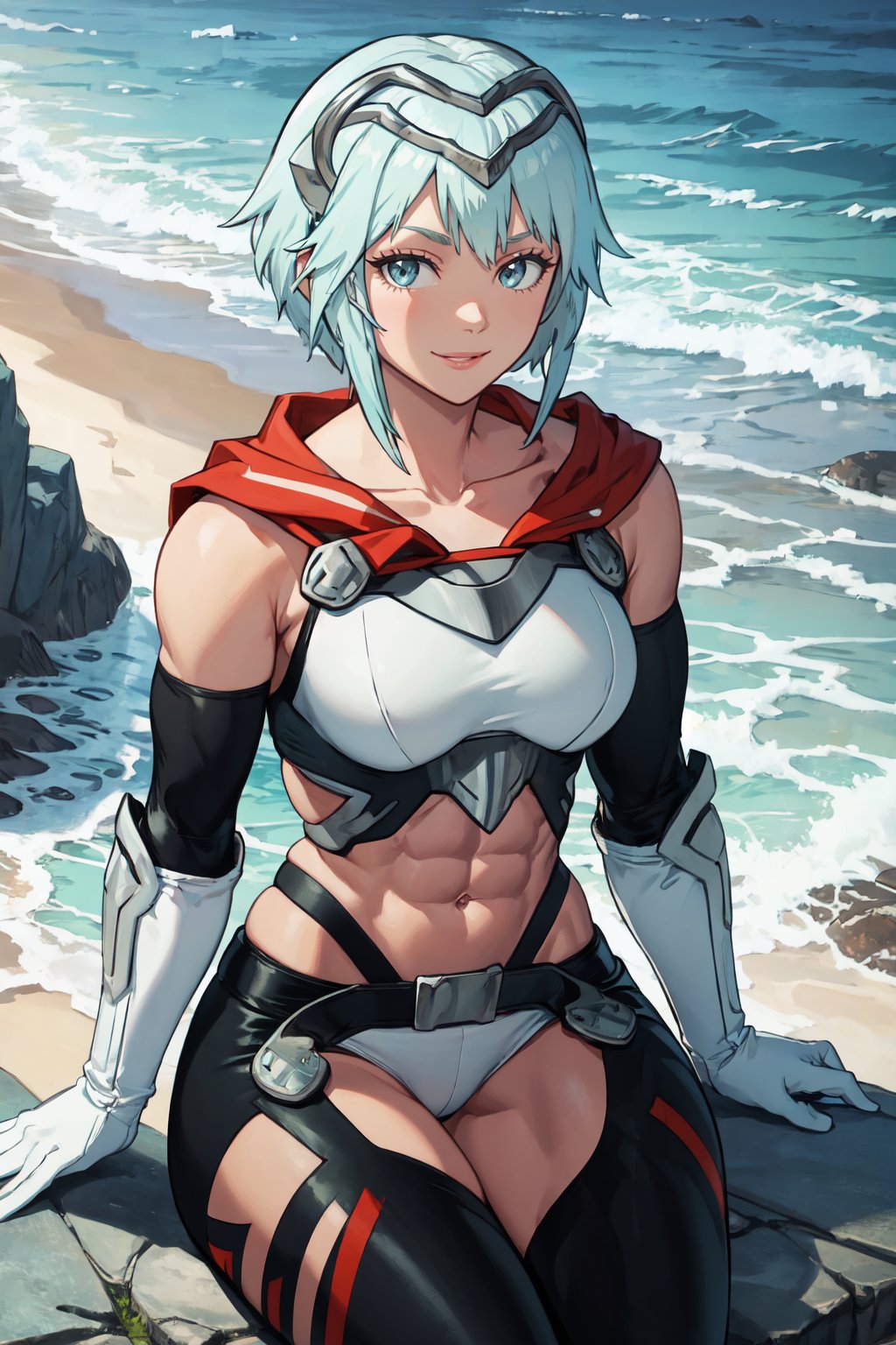 (masterpiece, best quality), outdoors, cowboy shot, 1girl, solo, FEDagr, FEDagrMain, <lora:FireEmblemDagr_V1-Manityro:1>, smile, looking at viewer, toned, abs, midriff, bare shoulders, tiara, headgear, jewelry, collarbone, red cloak, armor, breastplate, white top, elbow gloves, white gloves, thigh strap, white underwear, harness, black thighhighs, thigh cutout, belt, sitting, cliffside, ocean,