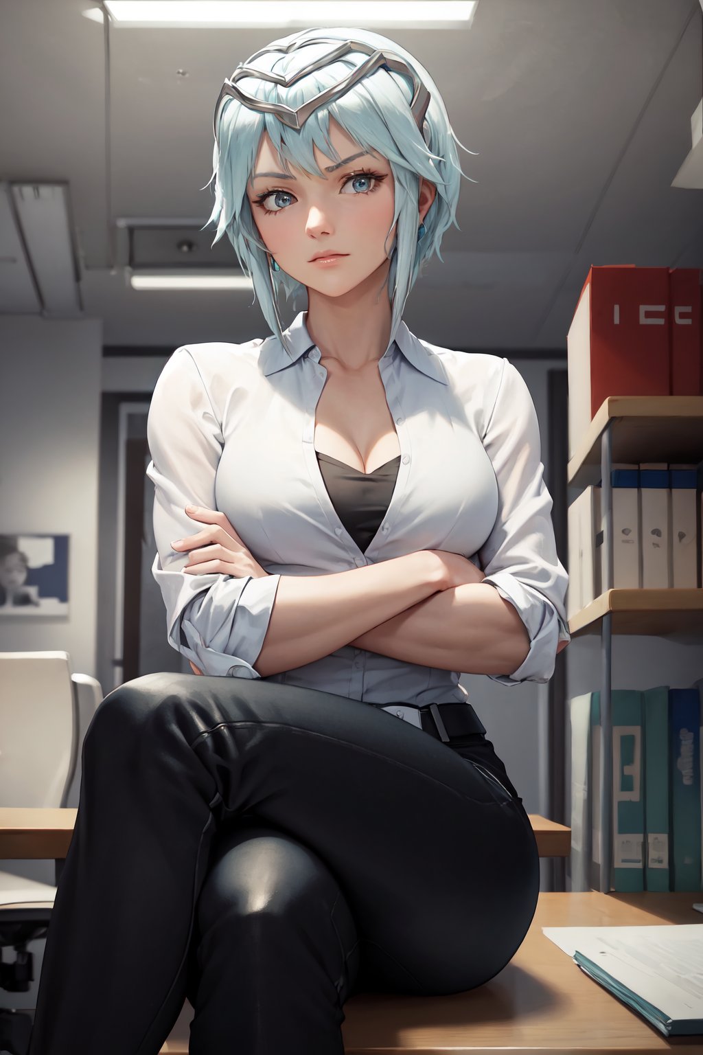 (masterpiece, best quality), indoors, cowboy shot, 1girl, solo, FEDagr, <lora:FireEmblemDagr_V1-Manityro:1>, serious, looking at viewer, toned, headgear, tiara, office, business casual, sitting on desk, crossed legs, crossed arms, [[cleavage]]