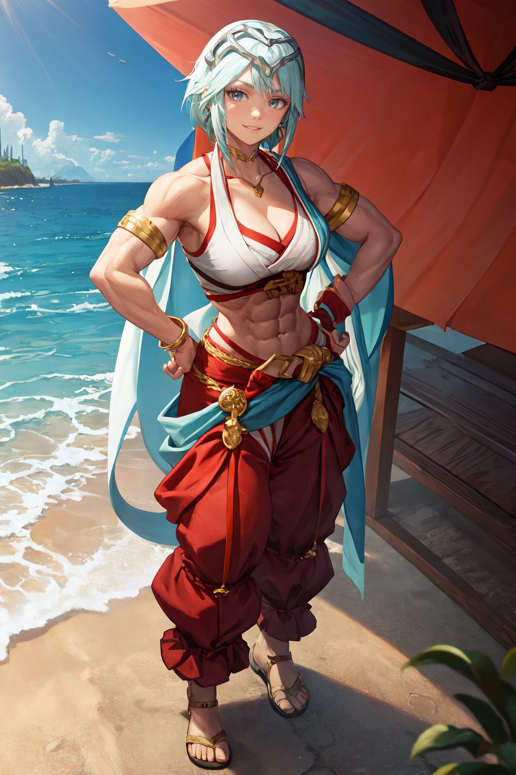 (masterpiece, best quality), outdoors, full body, 1girl, solo, FEDagr, <lora:FireEmblemDagr_V1-Manityro:1>, smile, looking at viewer, abs, muscular, biceps, hands on hips, jewelry, earrings, navel, obliques, headgear, tiara, necklace, collarbone, bare shoulders, armlet, vambraces, white hakama, ribbons, cleavage, midriff, belt, harem pants, leg cutout, sandels, 