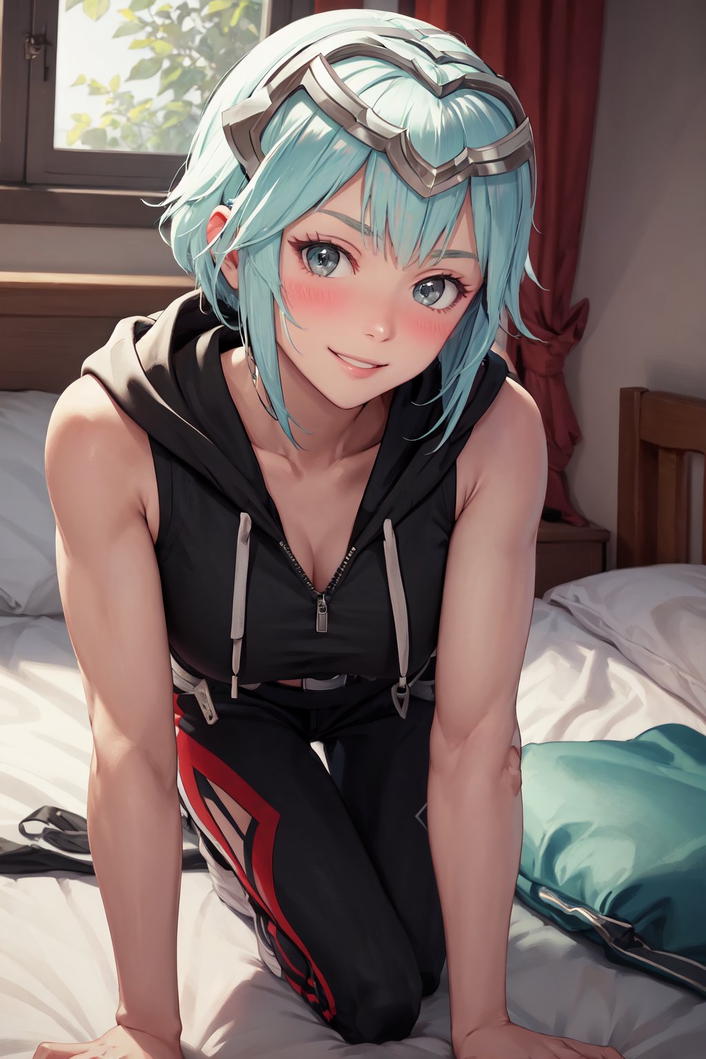 (masterpiece, best quality), indoors, bed, on bed, upper body, 1girl, solo, FEDagr, <lora:FireEmblemDagr_V1-Manityro:1>, seductive smile, blush, looking at viewer, toned, headgear, tiara, all fours, hoodie, crop top, sleeveless, arm strap, crawling, black pants, belt