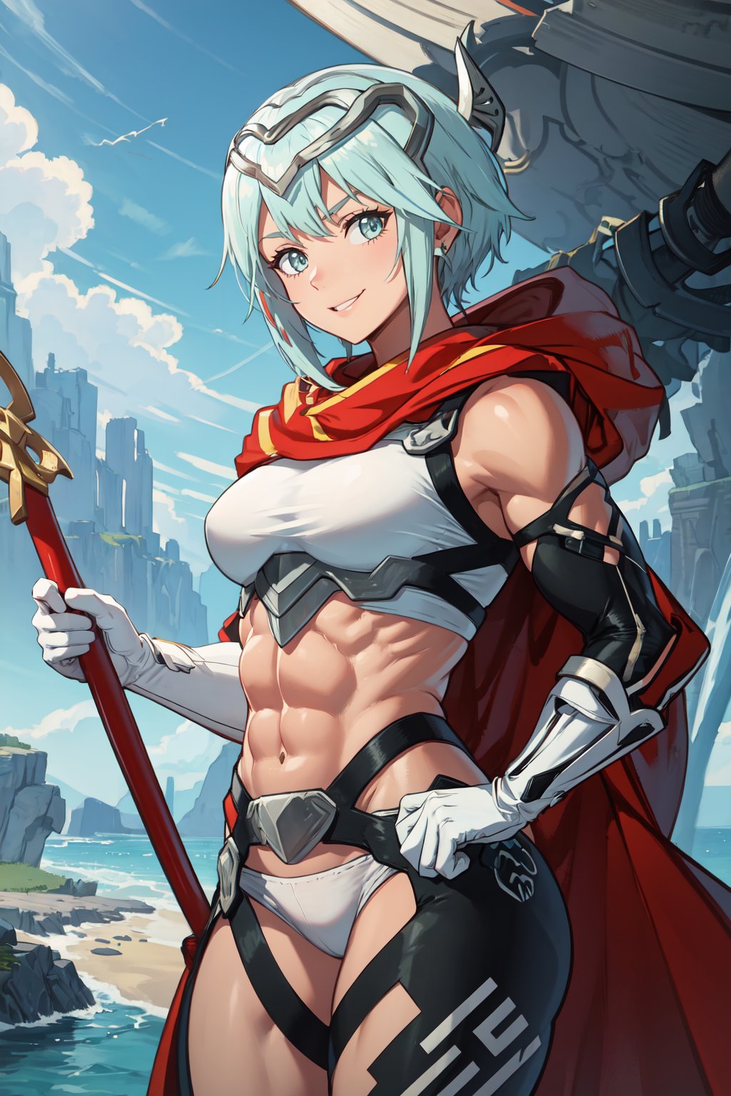 (masterpiece, best quality), outdoors, cliffside, cowboy shot, 1girl, solo, FEDagr, FEDagrMain, <lora:FireEmblemDagr_V1-Manityro:1>, smile, looking at viewer, toned, abs, midriff, bare shoulders, tiara, headgear, jewelry, red cloak, armor, breastplate, white top, elbow gloves, white gloves, thigh strap, white underwear, harness, black thighhighs, thigh cutout, belt, holding polearm, holding weapon, fighting stance, helmet