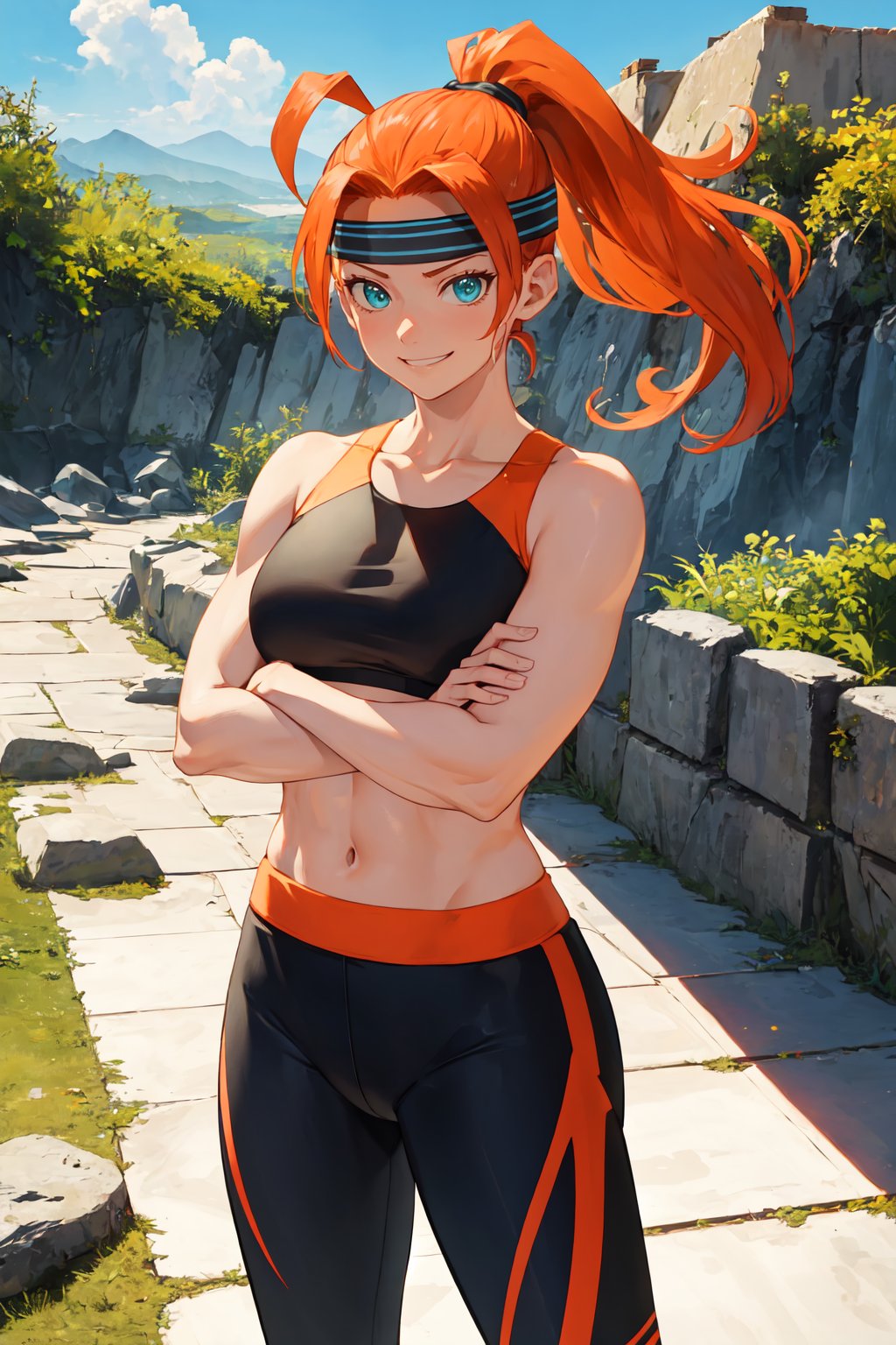 (masterpiece, best quality), outdoors, gym, cowboy shot, 1girl, solo, Ringfittrainee, orange hair, fiery hair, ponytail, aqua eyes, <lora:Ringfittrainee_V1-Manityro-CAME:1>, smirk, looking at viewer, toned, crossed arms, headband, white sports bra, yoga pants,