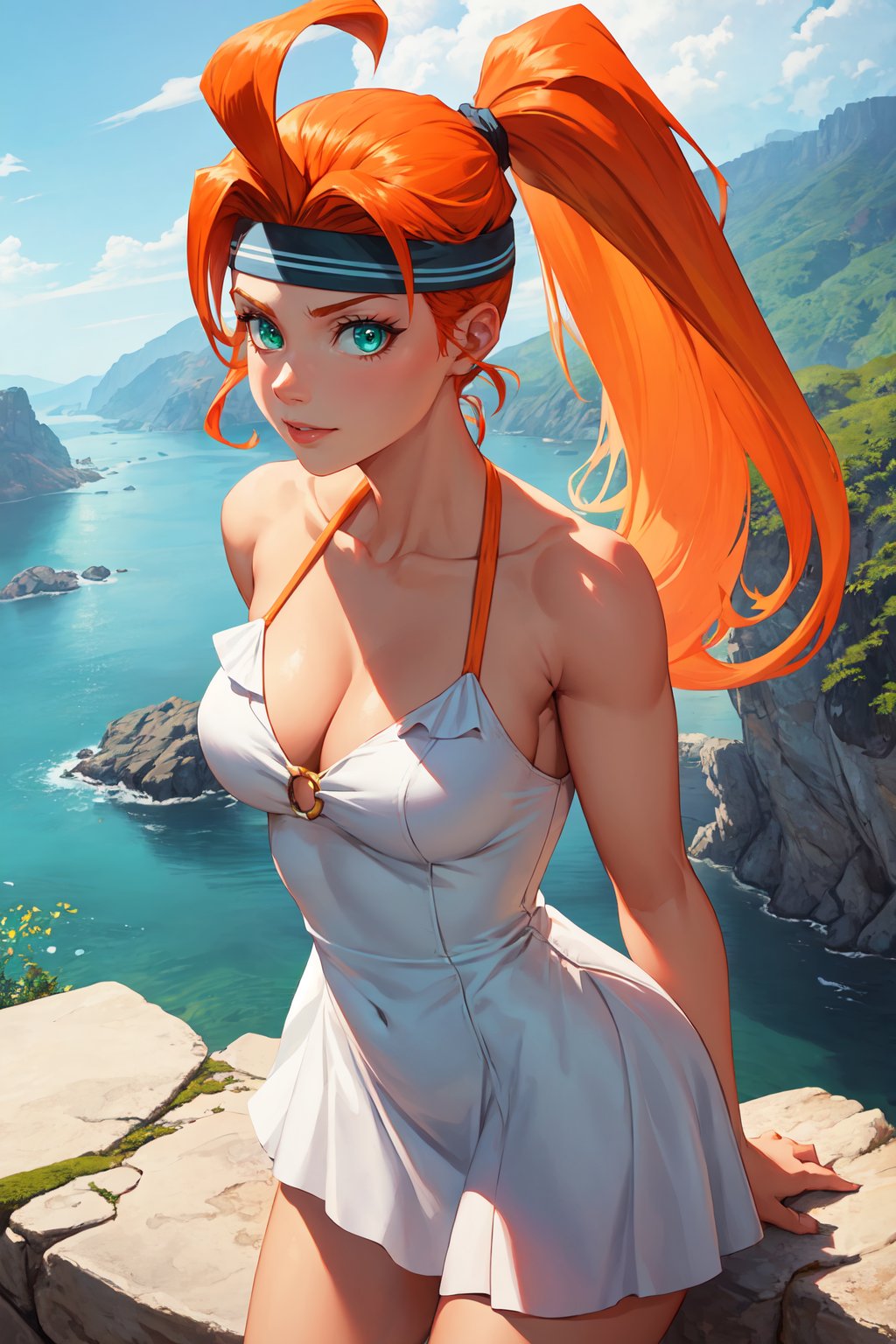 (masterpiece, best quality), outdoors, cliffside, cowboy shot, 1girl, solo, Ringfittrainee, orange hair, fiery hair, ponytail, aqua eyes, <lora:Ringfittrainee_V1-Manityro-CAME:1>, smug, looking at viewer, toned, headband, green sundress, arms behind back, cleavage