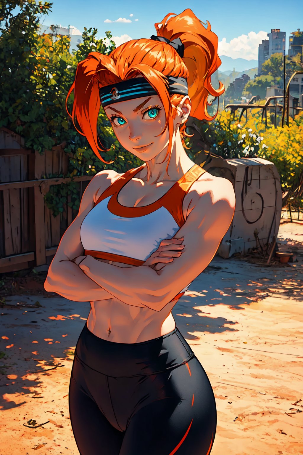 (masterpiece, best quality), outdoors, gym, cowboy shot, 1girl, solo, Ringfittrainee, orange hair, fiery hair, ponytail, aqua eyes, <lora:Ringfittrainee_V1-Manityro-CAME:1>, smirk, looking at viewer, toned, crossed arms, headband, white sports bra, yoga pants, 