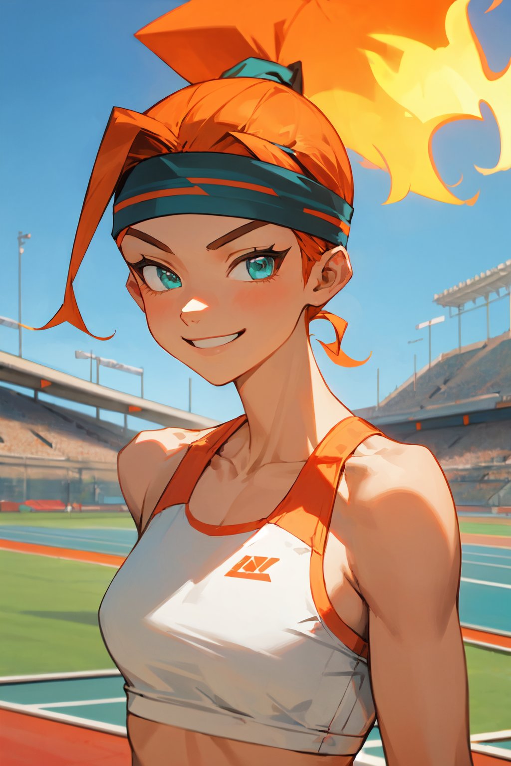 (masterpiece, best quality), outdoors, track and field, portrait, 1girl, solo, Ringfittrainee, orange hair, fiery hair, ponytail, aqua eyes, <lora:Ringfittrainee_V1-Manityro-CAME:1>, smirk, looking at viewer, toned, headband, sports bra,