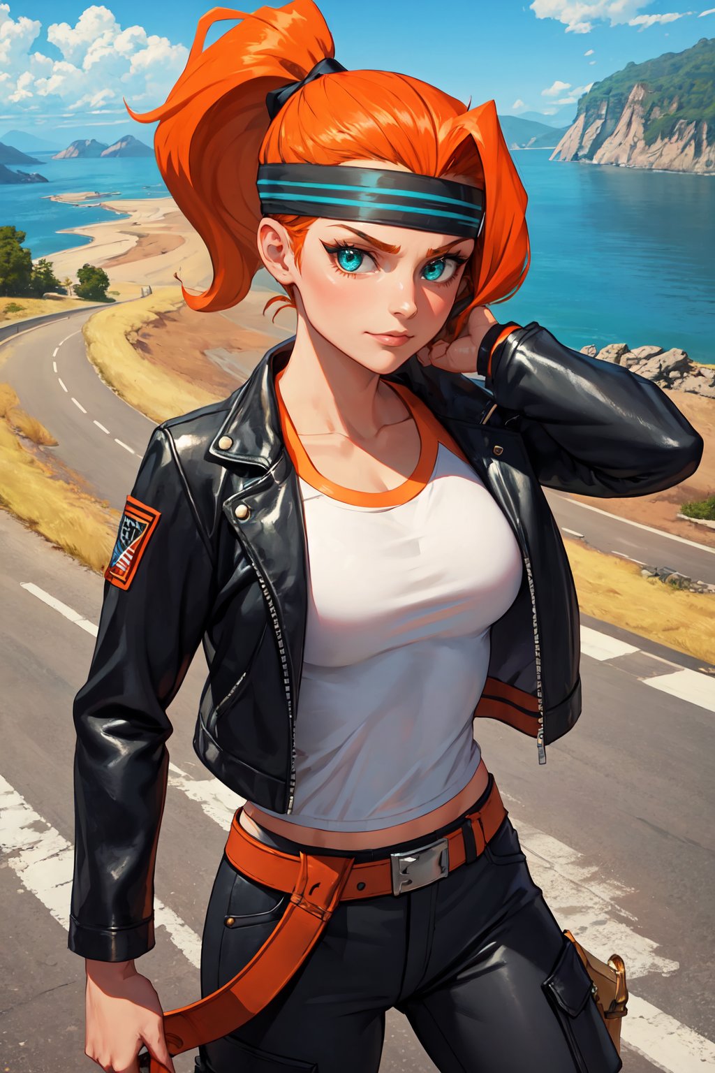 (masterpiece, best quality), outdoors, cliffside, gas station, cowboy shot, 1girl, solo, Ringfittrainee, orange hair, fiery hair, ponytail, aqua eyes, <lora:Ringfittrainee_V1-Manityro-CAME:1>, smug, looking at viewer, ((toned)), headband, leather jacket, cargo pants, pecs