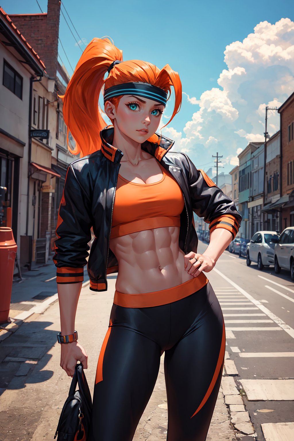 (masterpiece, best quality), outdoors, city, cowboy shot, 1girl, solo, Ringfittrainee, orange hair, fiery hair, ponytail, aqua eyes, <lora:Ringfittrainee_V1-Manityro-CAME:1>, looking at viewer, ((toned)), [[abs]], headband, jacket, pants