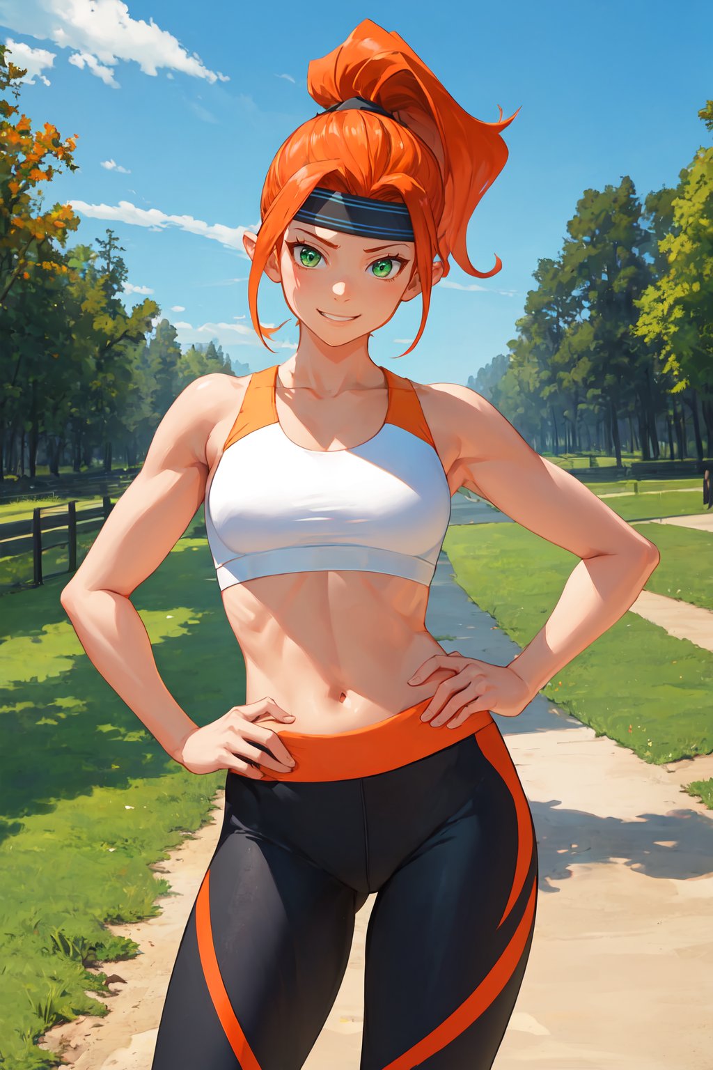 (masterpiece, best quality), outdoors, cowboy shot, 1girl, solo, Ringfittrainee, orange hair, fiery hair, ponytail, green eyes, <lora:Ringfittrainee_V1-Manityro-CAME:1>, smirk, looking at viewer, toned, hands on hips, headband, sports bra, yoga pants,