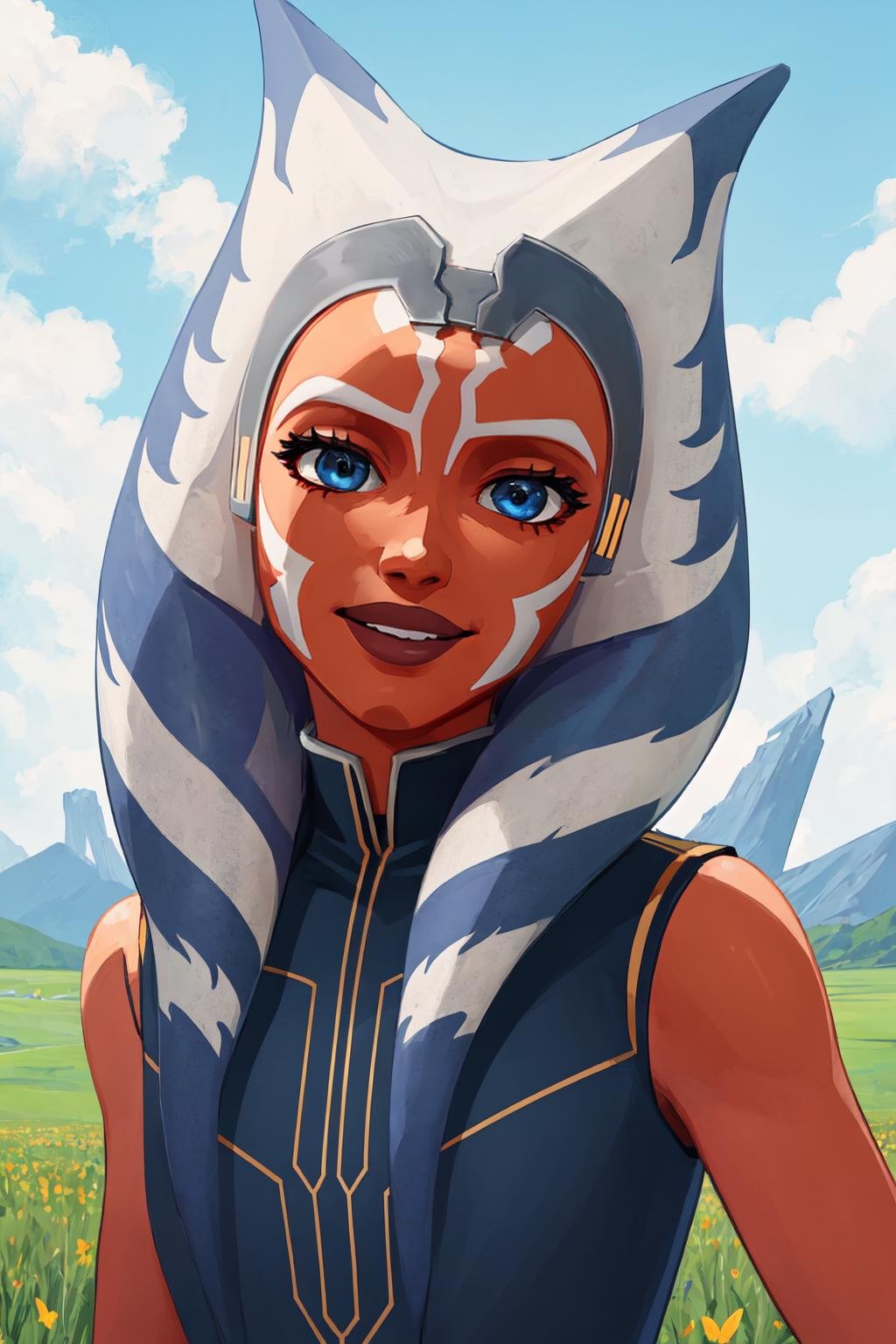 (masterpiece, best quality), outdoors, field, day, detailed face, 1girl, solo, AhsokaS7, AhsokaS7Outfit, colored skin, <lora:AhsokaS7_V1-Manityro-dadapt:1>, looking at viewer, smile, head tilt, blue shirt, sleeveless, 