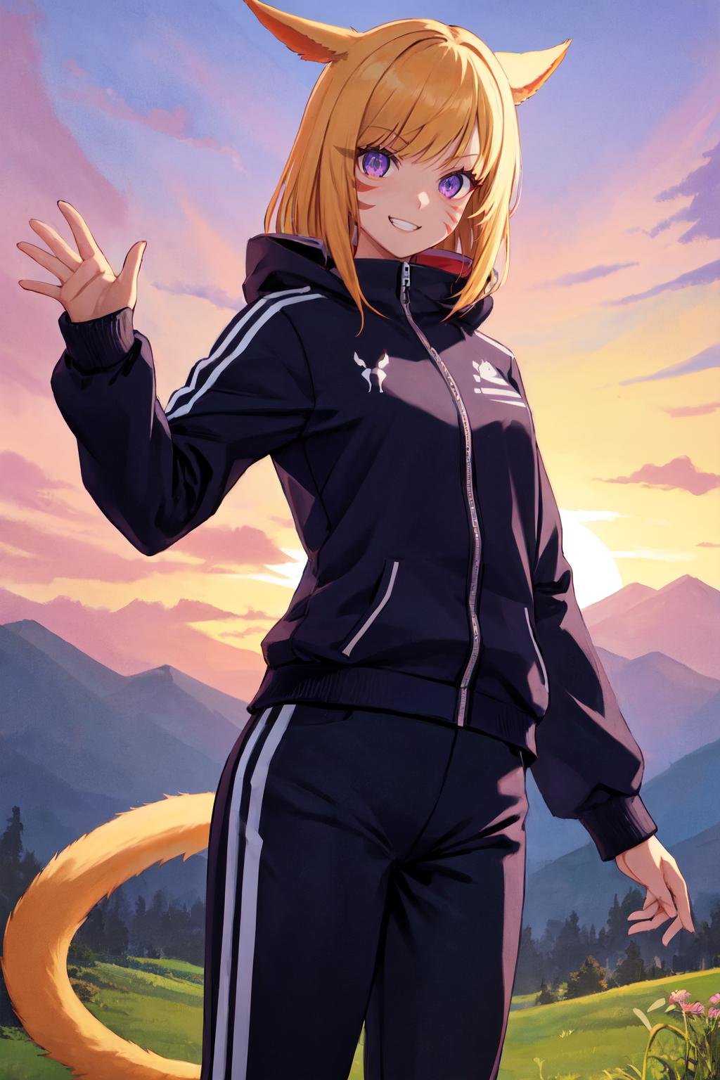 (masterpiece, best quality), animification, outdoors, mountain, sunset, cowboy shot, 1girl, solo, miqo'teManityro, miqo'te, slit pupils, whisker markings, cat ears, cat tail, blonde hair, medium hair, bangs, violet eyes, <lora:Miqo'te_V1-Manityro-dadapt:1>, toned, smile, teeth, waving, looking at viewer, track jacket, track pants