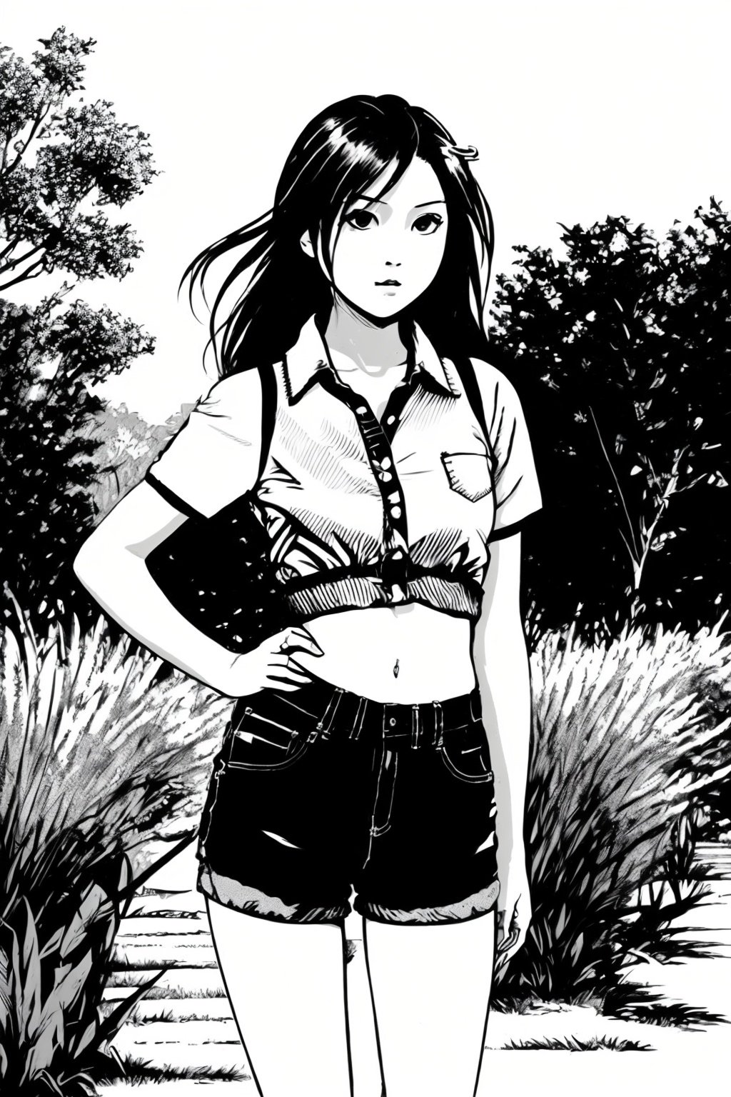 banhua, 1girl, shorts,  solo, denim, shirt, brown hair, swimsuit, denim shorts, navel, midriff, white shirt, outdoors, short shorts, city,  <lyco:banhua-000003:1.0>,best quality,masterpiece, Monochromatic printmaking, <lora:cuteGirlMix4_v10:0.6>