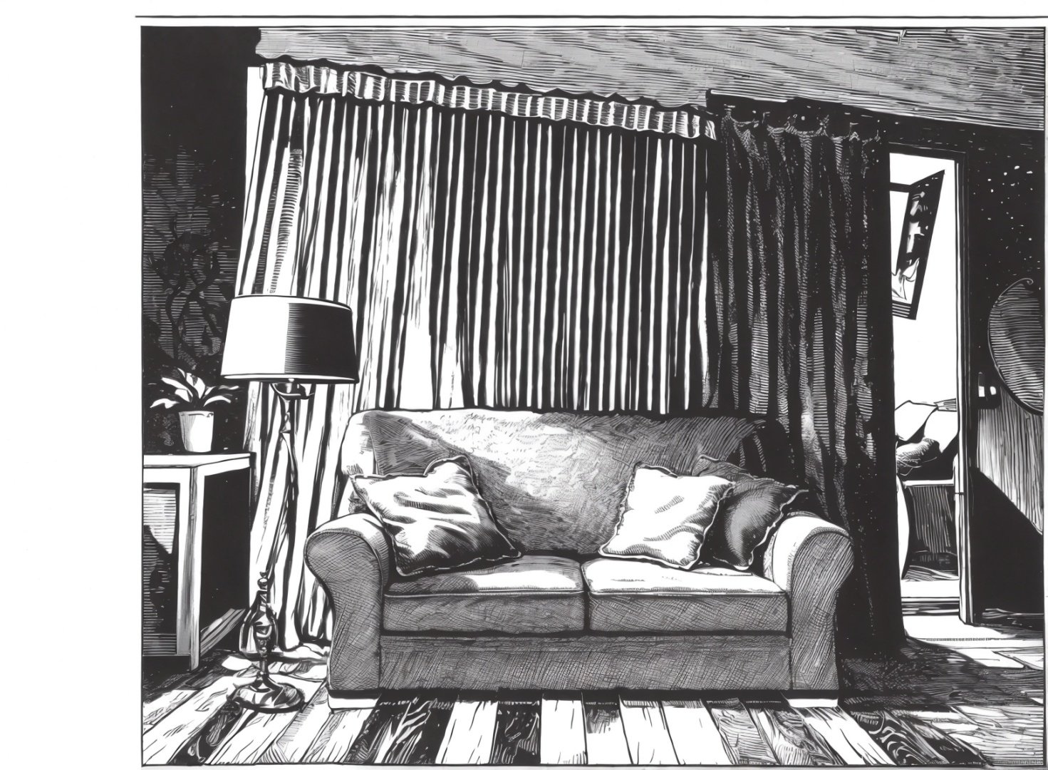 banhua, a girl, indoor,mansion,Indoor, sofa, window, table, floor,   <lyco:banhua-000003:1.0>,best quality,masterpiece, Monochromatic printmaking, 