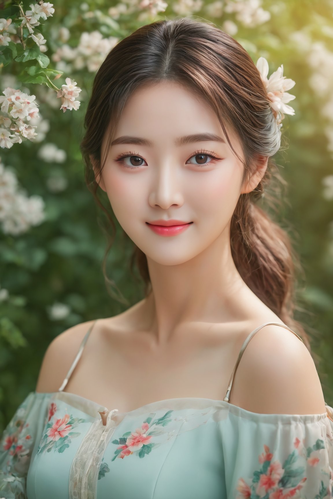 (best quality,4k,8k,highres,masterpiece:1.2),ultra-detailed,(realistic,photorealistic,photo-realistic:1.37),1Girl,korean,cute smile,off-the-shoulders,cinematic lighting,beautiful detailed eyes,beautiful detailed lips,long eyelashes,soft natural light,korean traditional dress,flowy and vibrant colors,lush garden backdrop,lively flowers,gentle breeze,joyful expression,peaceful atmosphere,subtle color grading,serene and dreamy ambiance