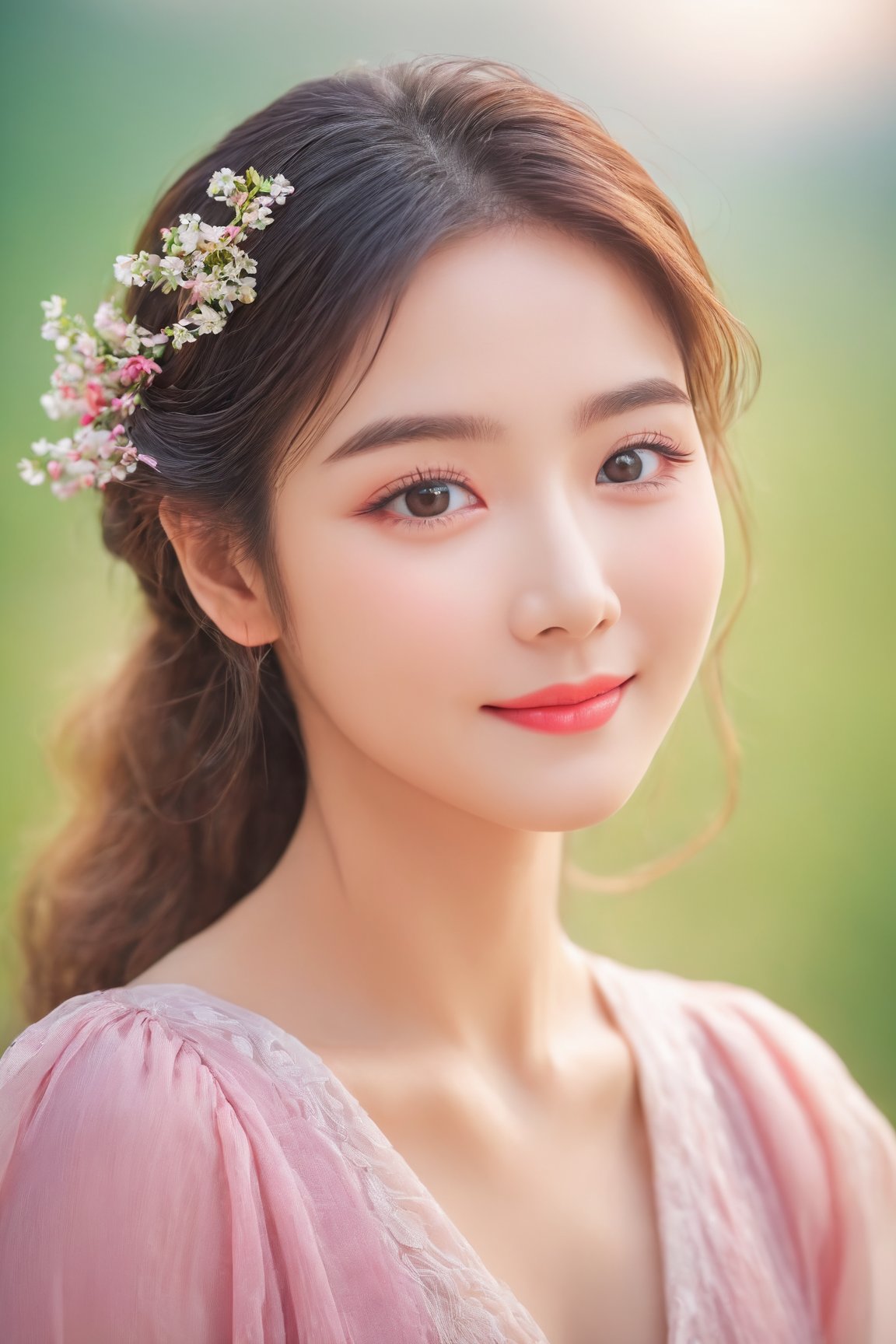 (best quality,4k,8k,highres,masterpiece:1.2),ultra-detailed,(realistic,photorealistic,photo-realistic:1.37),1girl,cute,beautiful detailed eyes,beautiful detailed lips,extremely detailed eyes and face,longeyelashes,Korean-style makeup,glowing skin,flawless complexion,vibrant colors,soft lighting,pastel color palette,playful expression,adorable smile,blush on cheeks,dewy look,feminine appearance,lovely hairstyle,neatly arranged hair,flower hairpin,colorful clothes,stylish outfit,pulling back a strand of hair,image with depth and dimension,soft and airy background,shallow depth of field,bokeh effect,gentle poses,expressive eyes,subtle shadows,sweet and innocent look,positive and joyful mood,warm and friendly ambiance,feeling of youth and charm,simple and clean composition,artistic pencil sketch effect,storybook illustration style